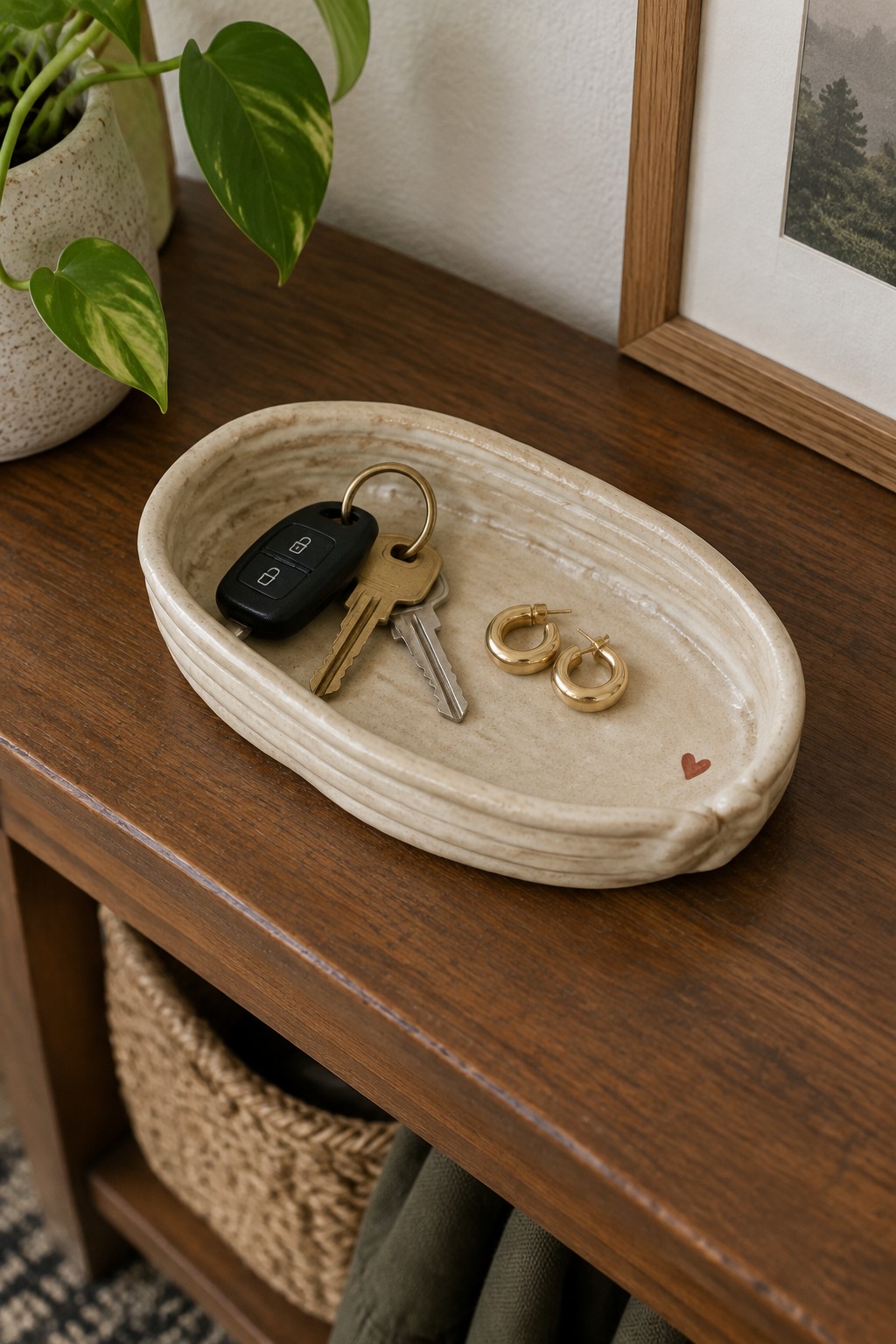 Ceramic tray with keys and gold earrings on wooden table beside potted plant