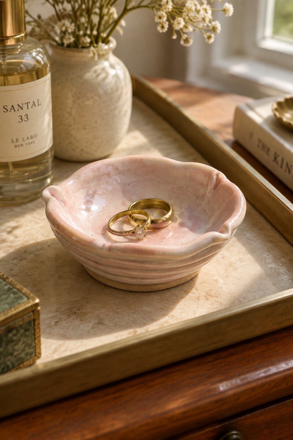 Pink ceramic bowl with two gold rings on marble tray near perfume and flowers