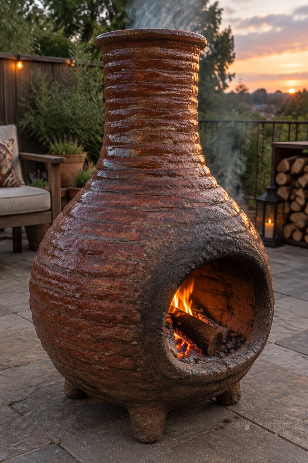Rustic ribbed terracotta chiminea with burning fire on stone patio at sunset