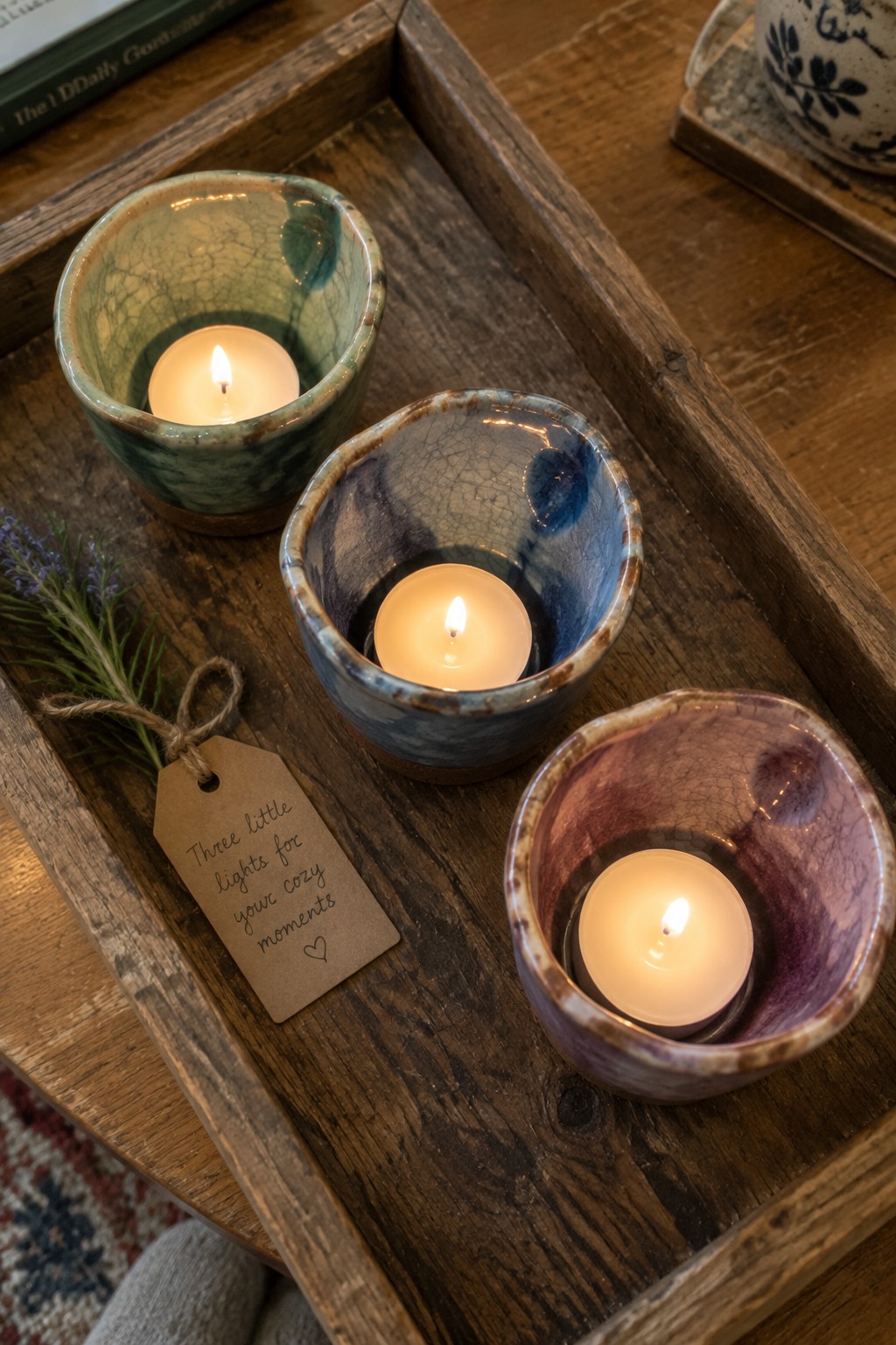 Three lit candles in colorful crackled ceramic bowls on wooden tray with lavender tag.