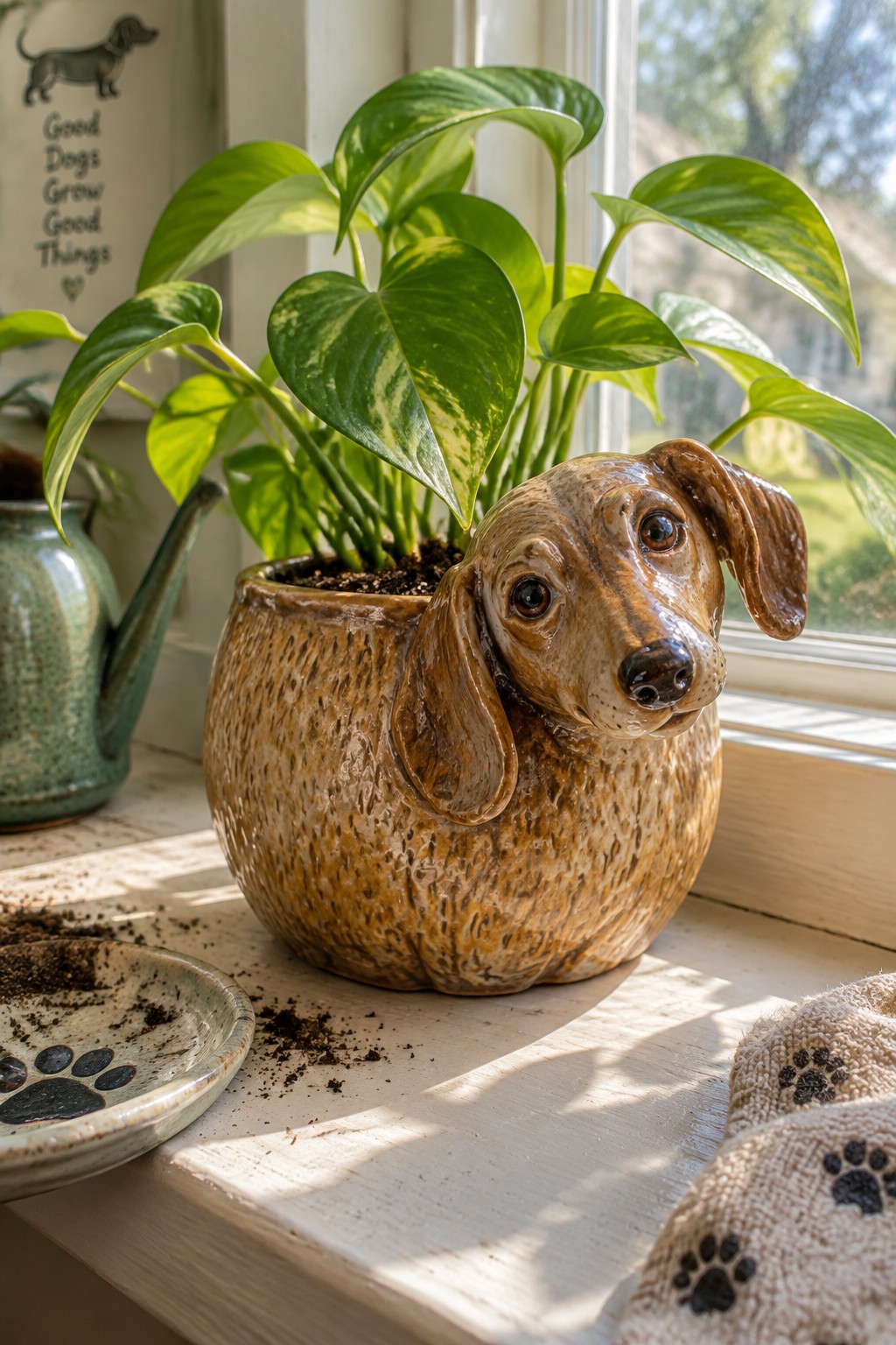 Brown dachshund ceramic planter with variegated green plant on sunny windowsill with paw prints