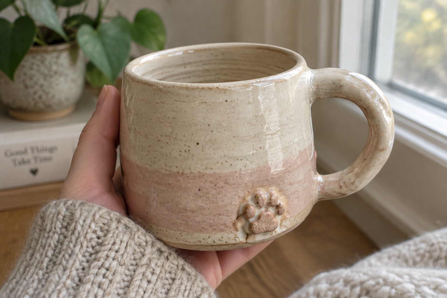 Hand holding a two-tone ceramic mug with a raised paw print on the side.