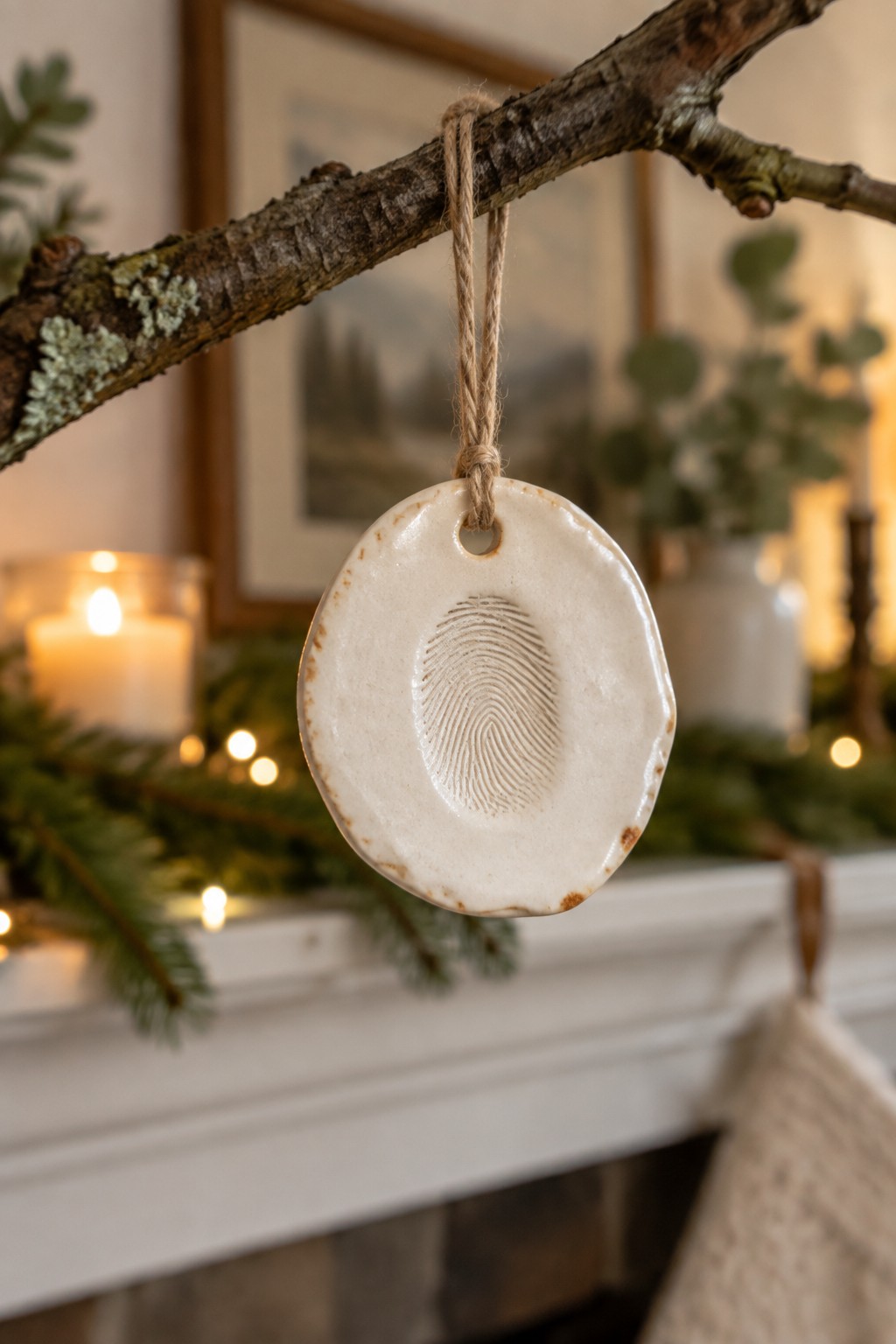 White ceramic fingerprint ornament hanging from rustic branch on holiday mantel