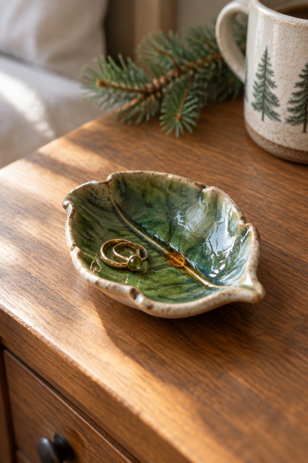 A green glazed ceramic leaf-shaped dish holding two gold rings on a wooden surface next to a patterned mug.