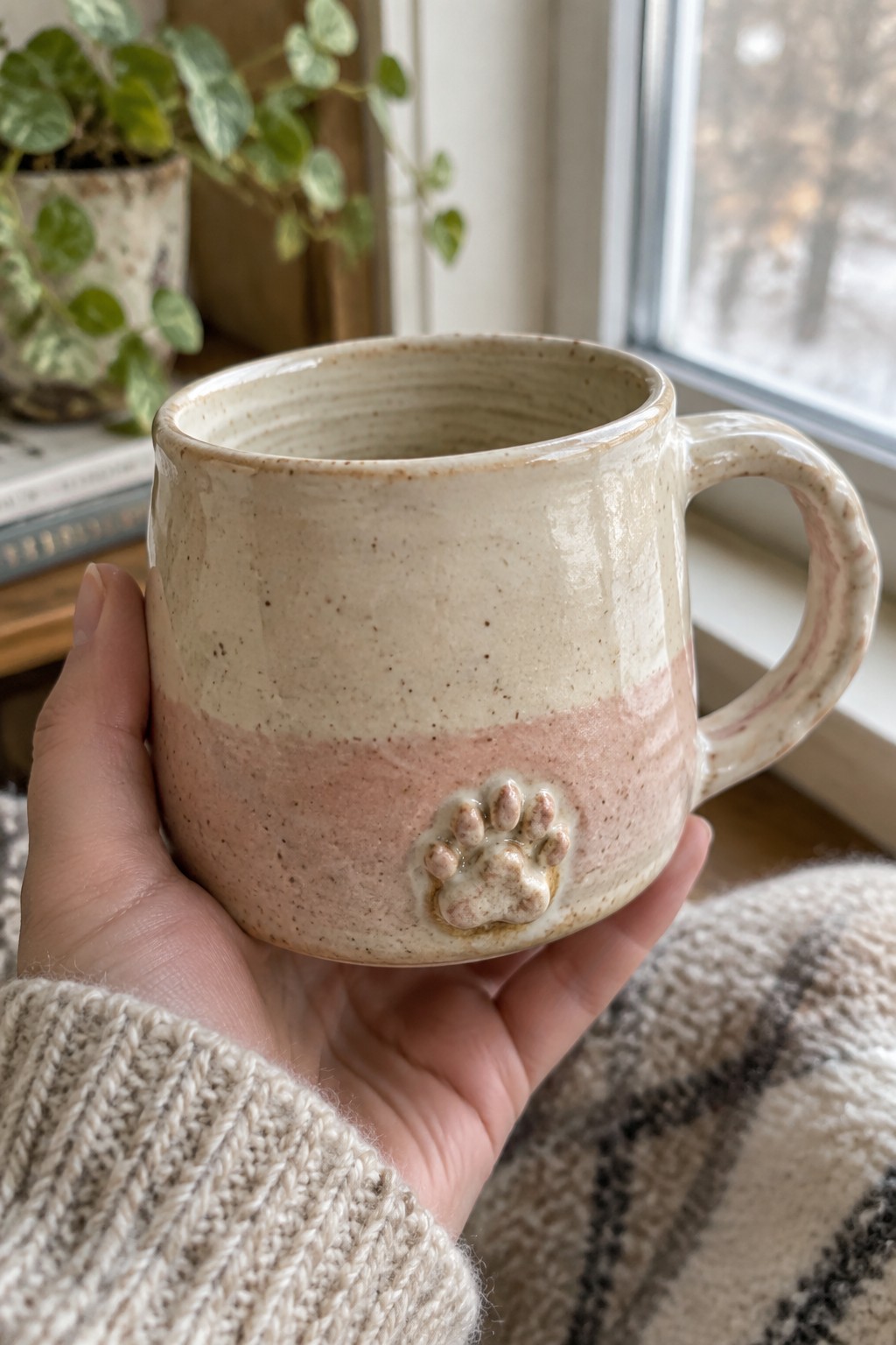 Hand holding a two-tone ceramic mug with a raised paw print on the side.