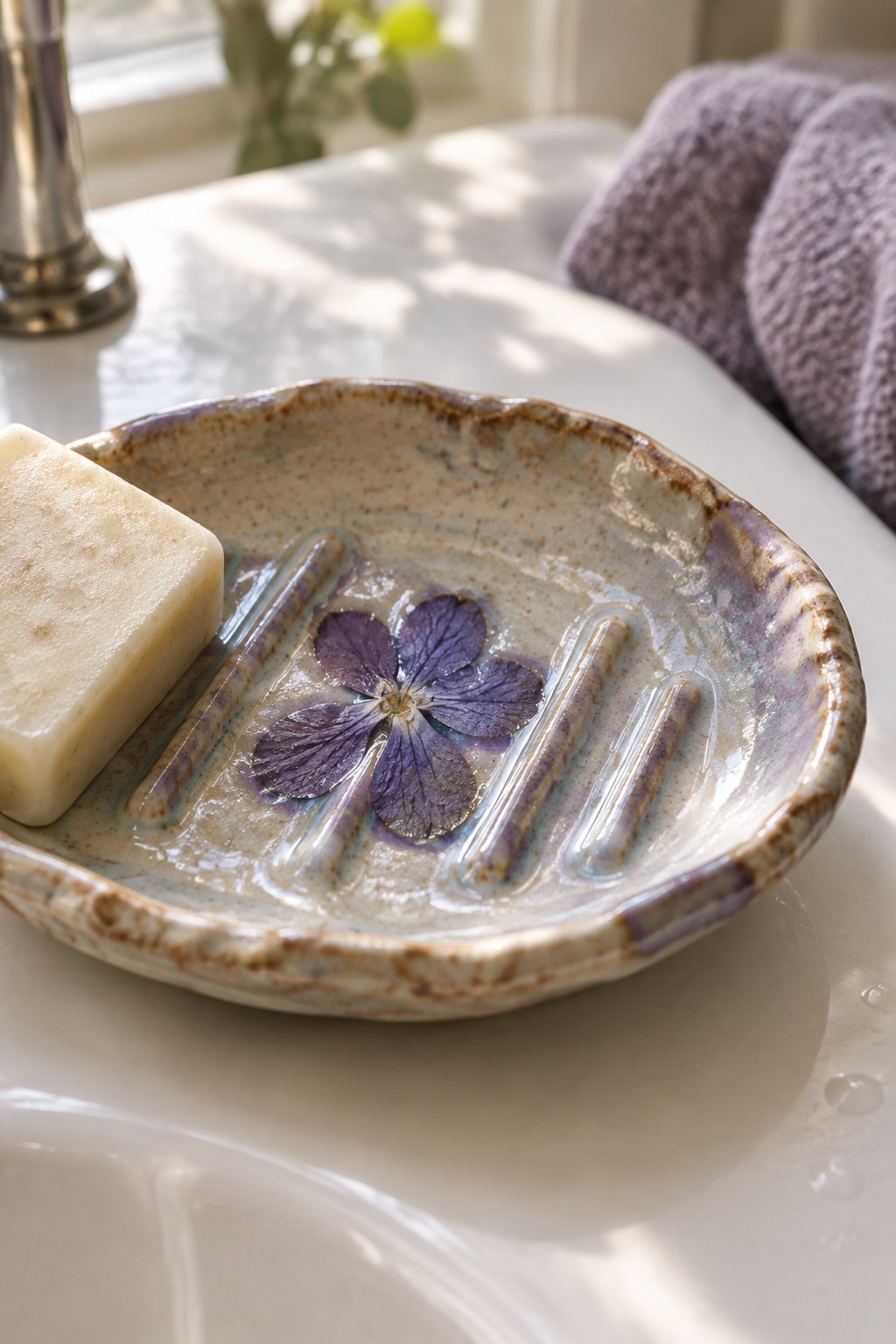 Ceramic soap dish with purple flower and ridges holding soap on white sink