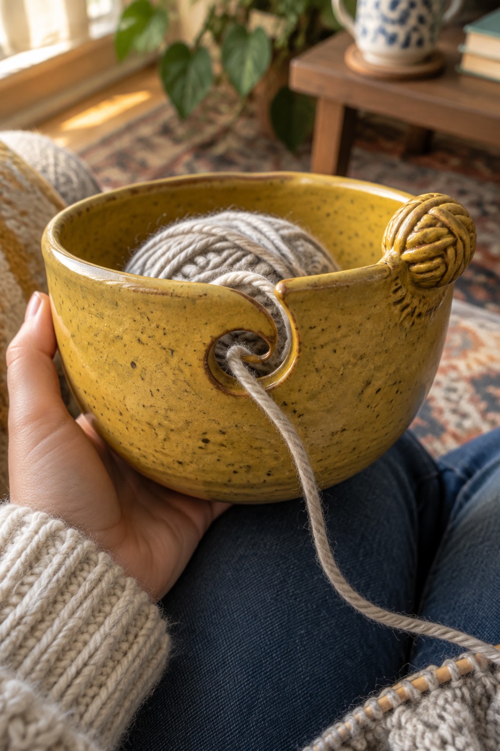 Hand in beige knit sweater holds yellow ceramic yarn bowl with gray yarn