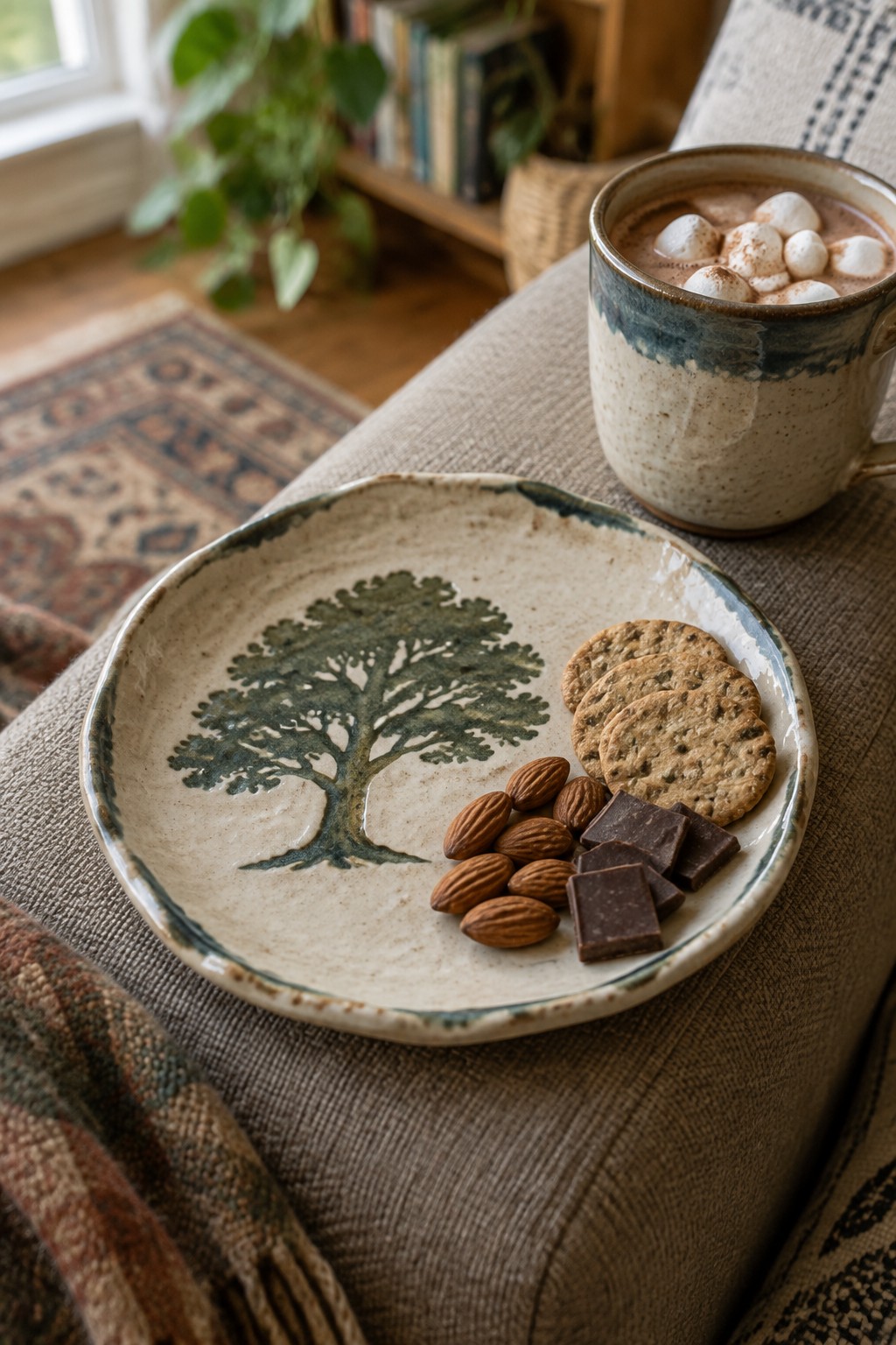 Ceramic plate with tree design holding almonds, chocolate, and cookies beside hot cocoa mug