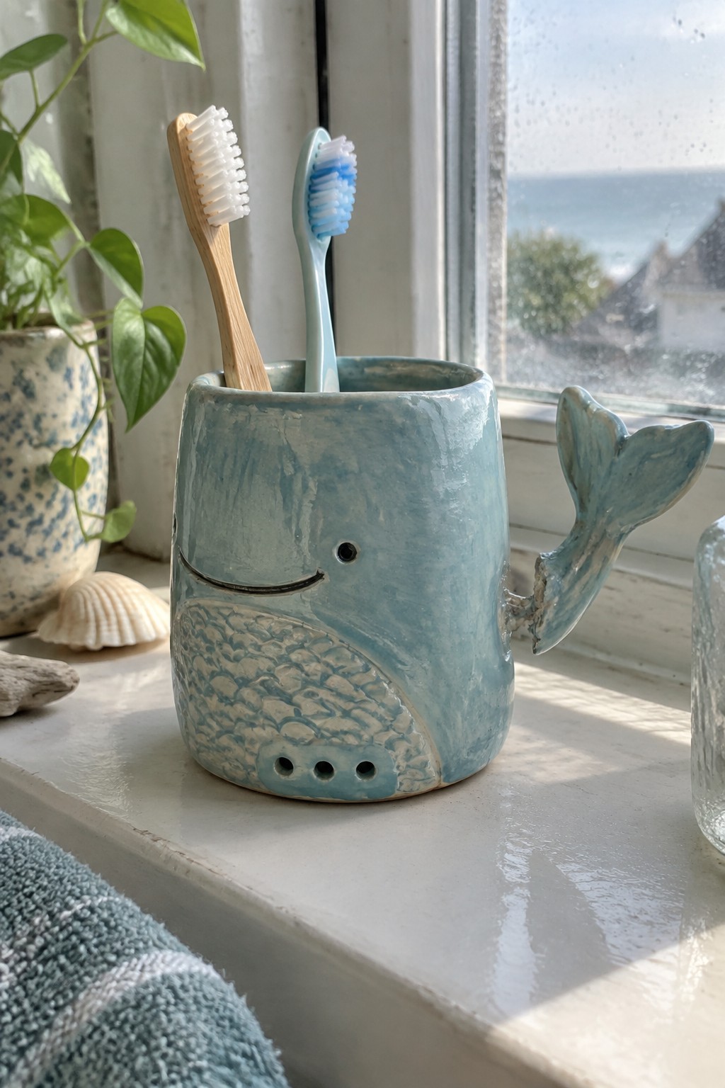 Blue whale-shaped ceramic toothbrush holder with two brushes on ocean windowsill
