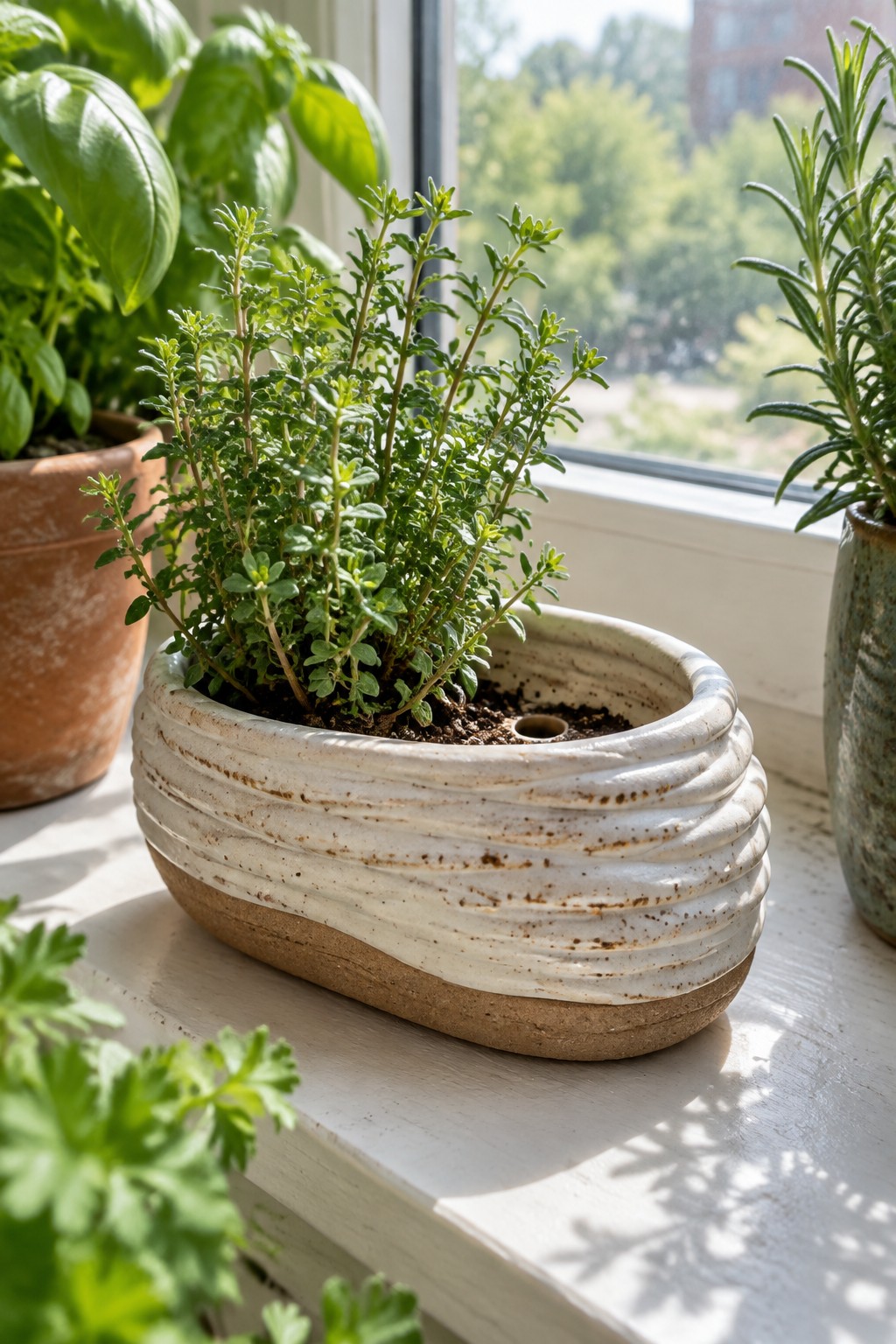 Herb plants in textured white and terracotta pots on sunny windowsill