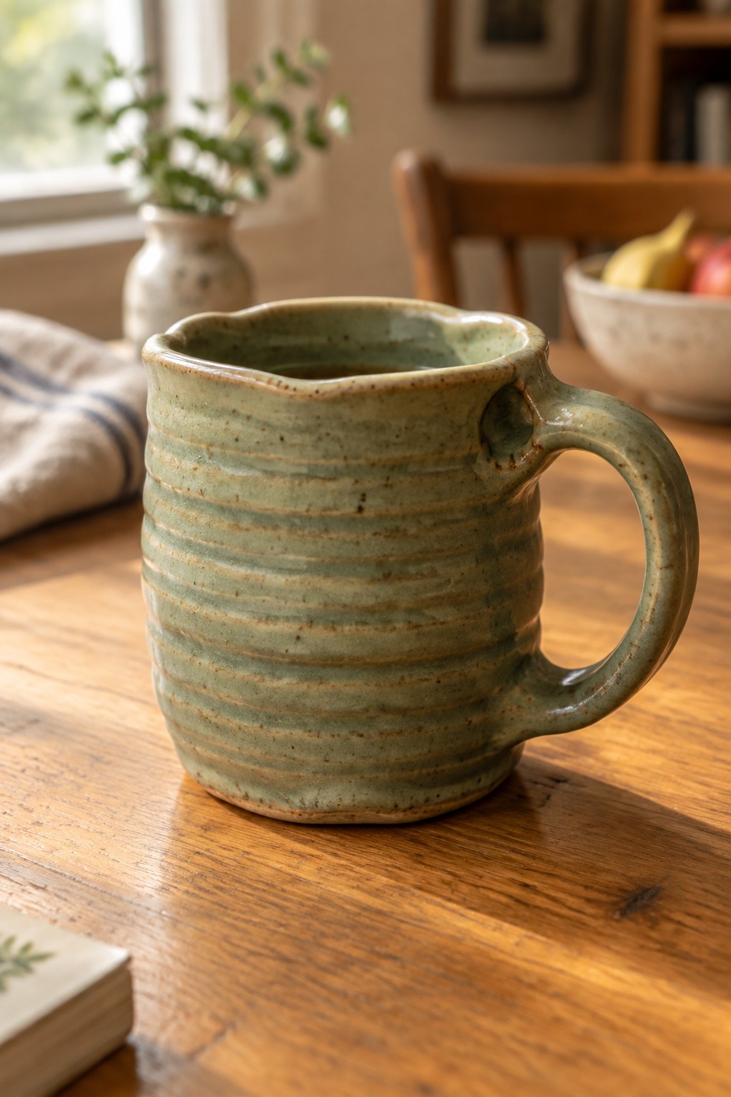 Green ceramic mug with ridged texture and handle on wooden table