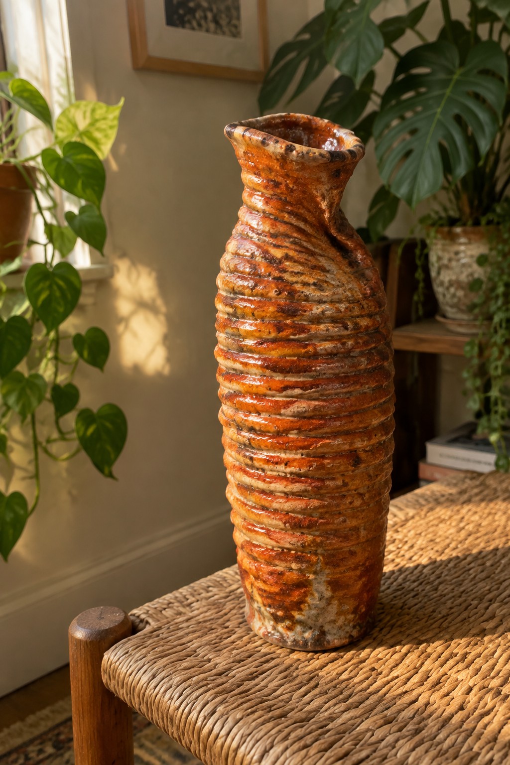 Tall ribbed orange ceramic vase on woven chair amid sunlit houseplants