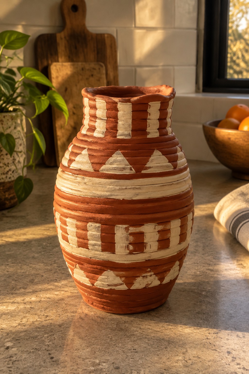 Terracotta vase with white geometric patterns on sunlit kitchen countertop