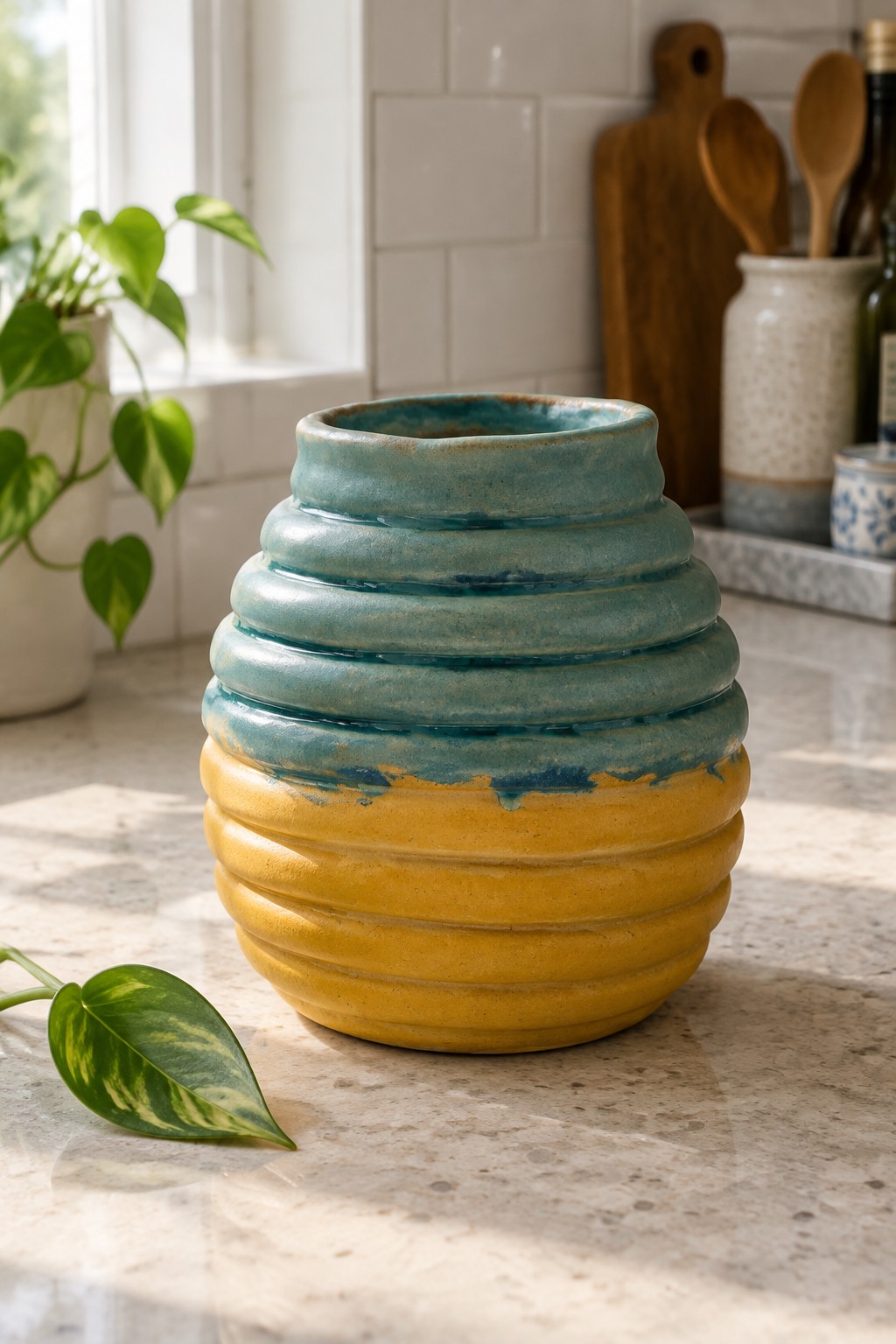 Teal and yellow ribbed ceramic vase on marble kitchen countertop
