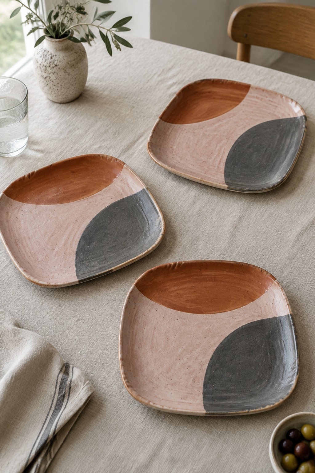Three abstract ceramic plates in earthy tones on linen tablecloth with vase and olives