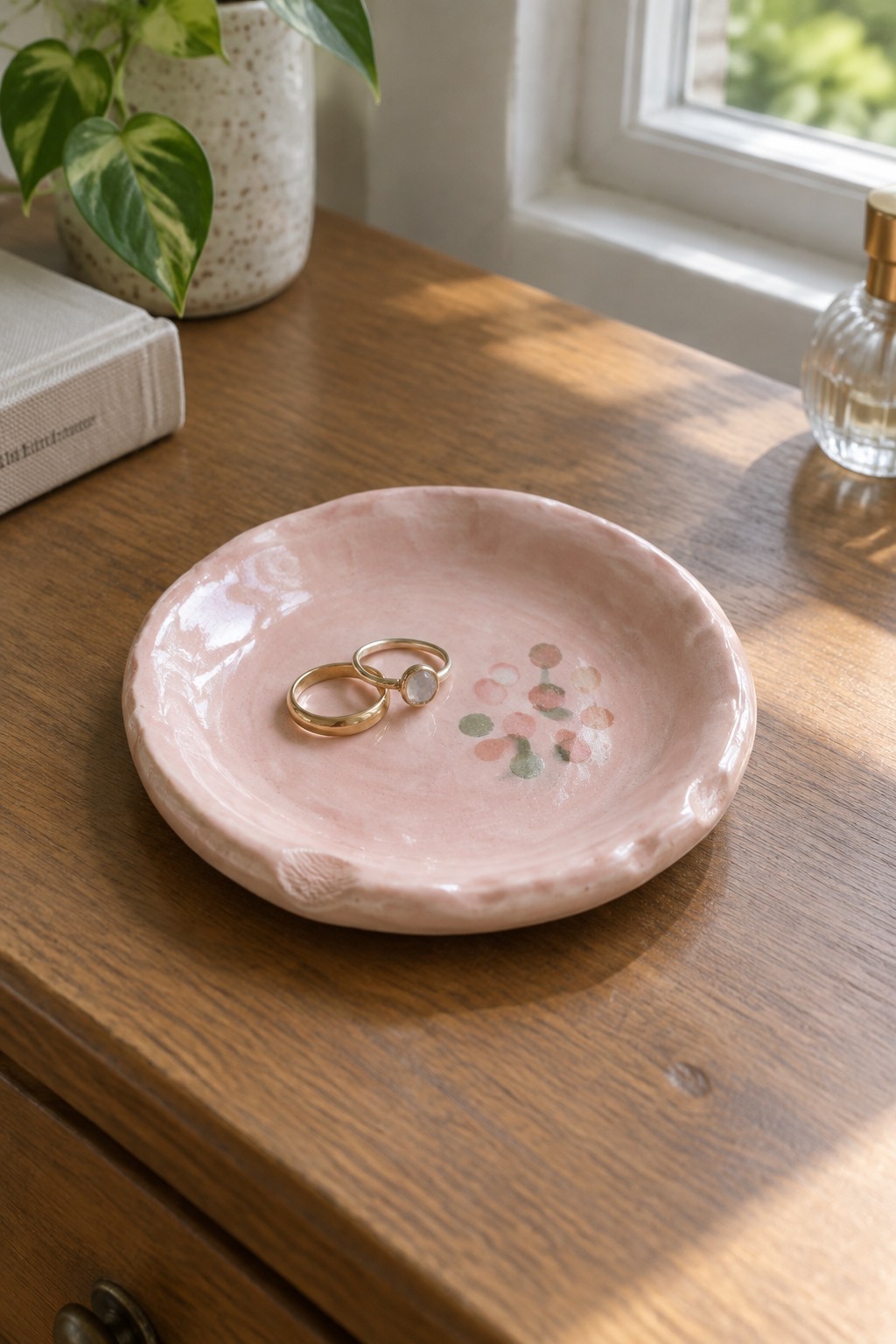 Two gold rings in pink ceramic dish on sunlit wooden dresser with plant and perfume