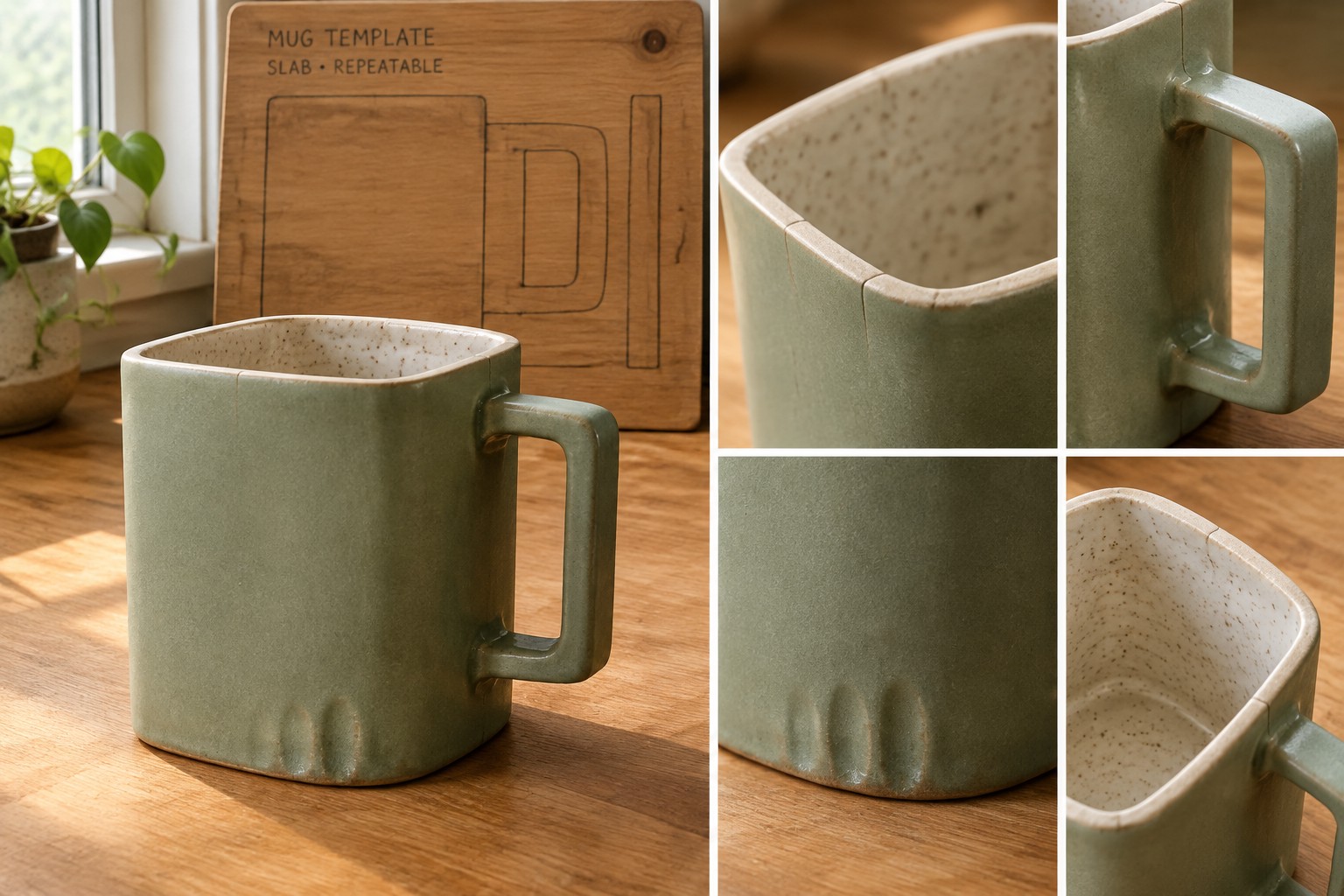 Square green ceramic mug on wooden table with slab mug template board