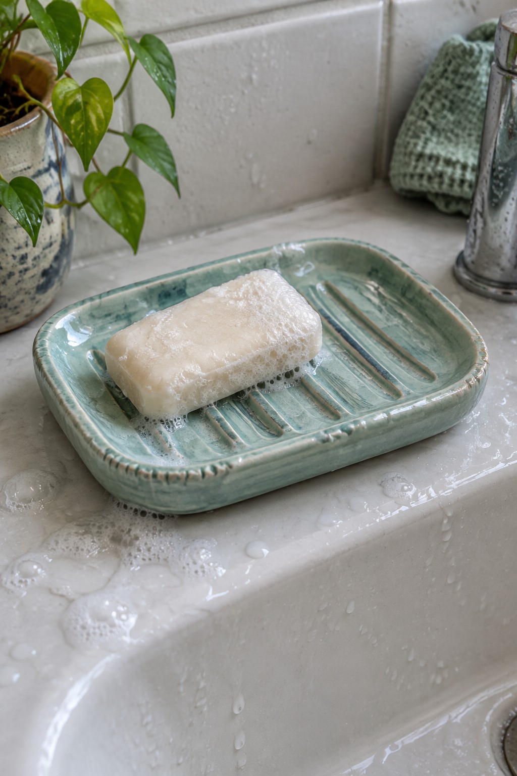 Wet soap bar on green ceramic dish atop bubbly white bathroom sink