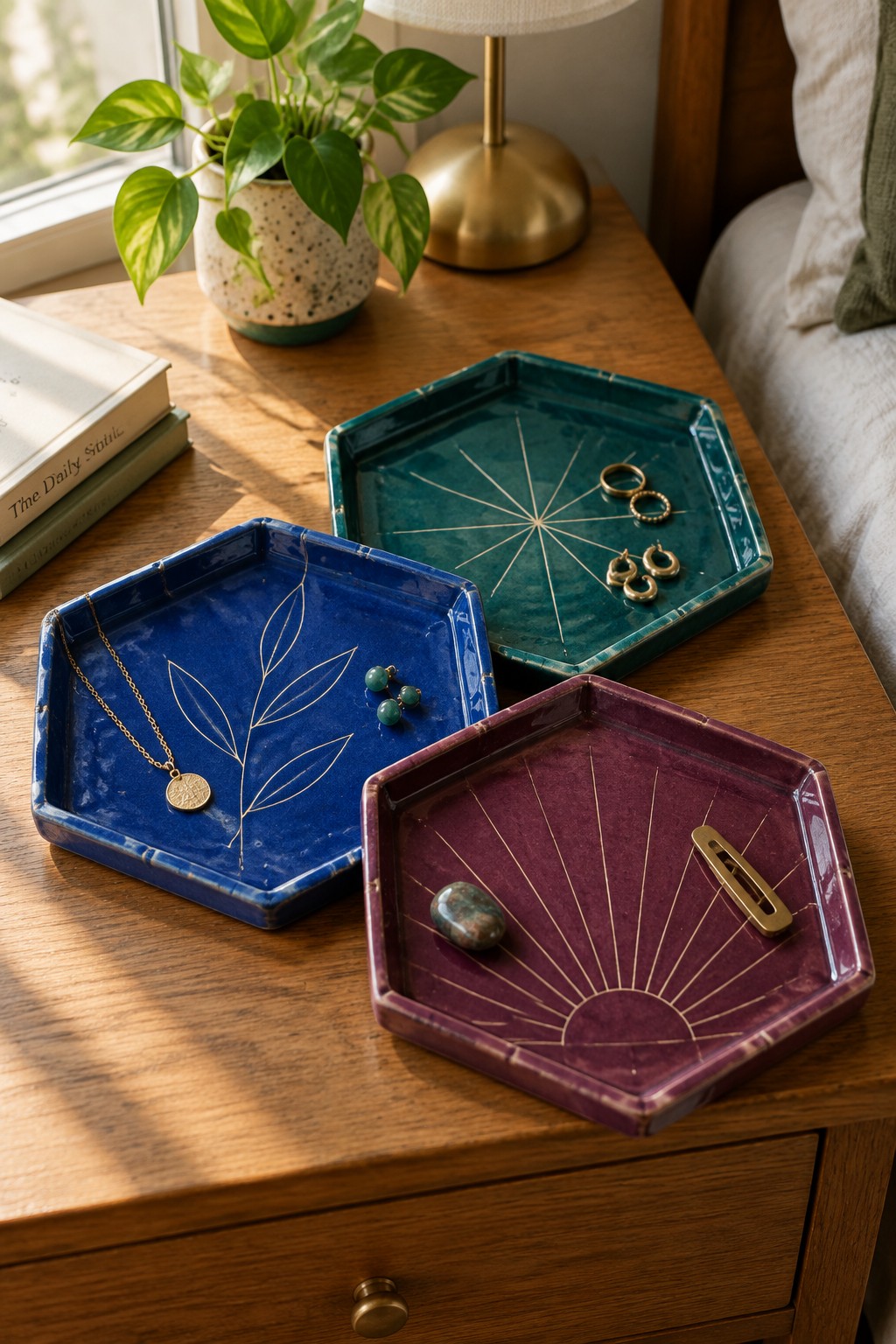 Three colorful hexagonal ceramic trays with jewelry on a sunlit wooden nightstand.