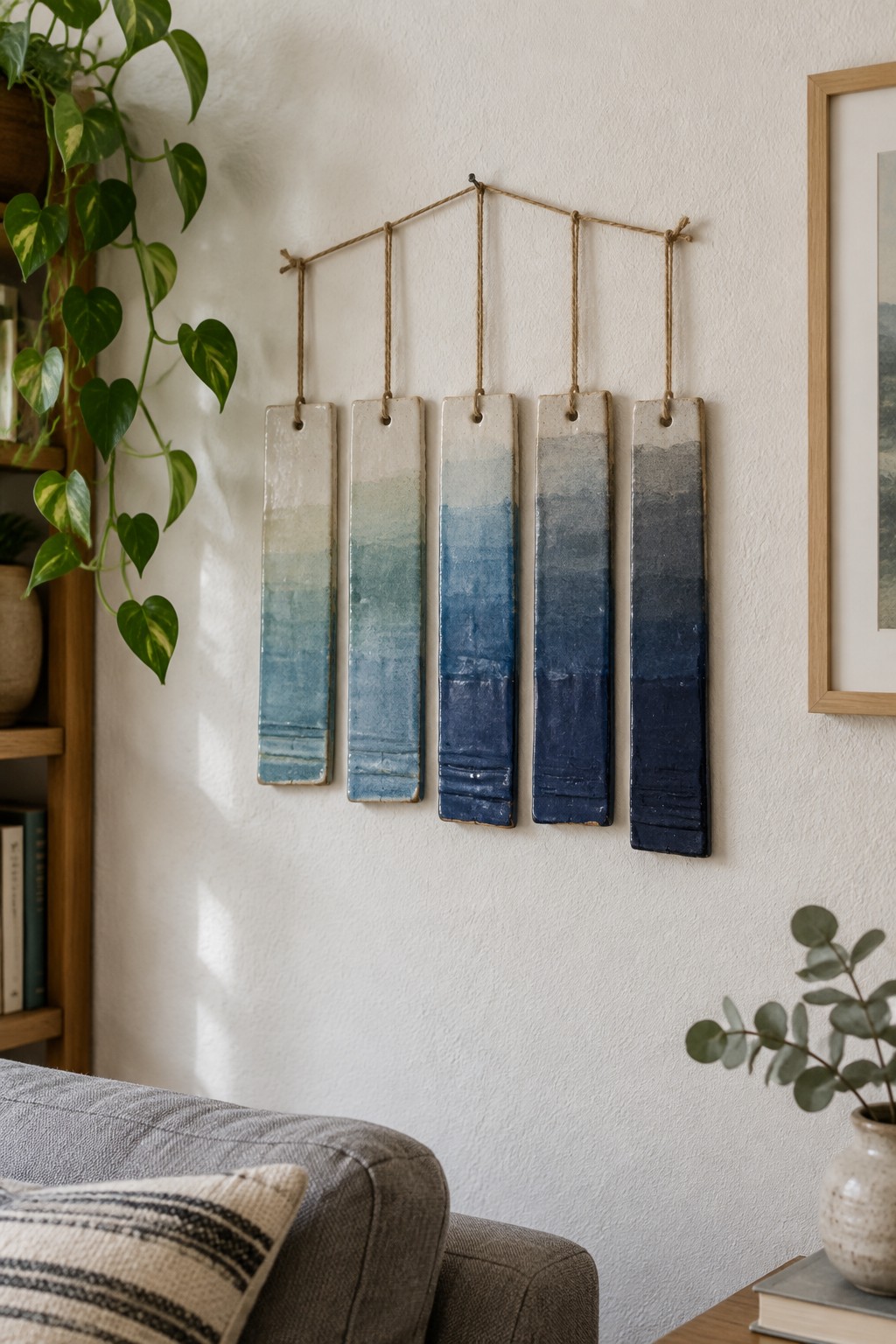 Five blue gradient ceramic tiles hanging from twine on a white wall