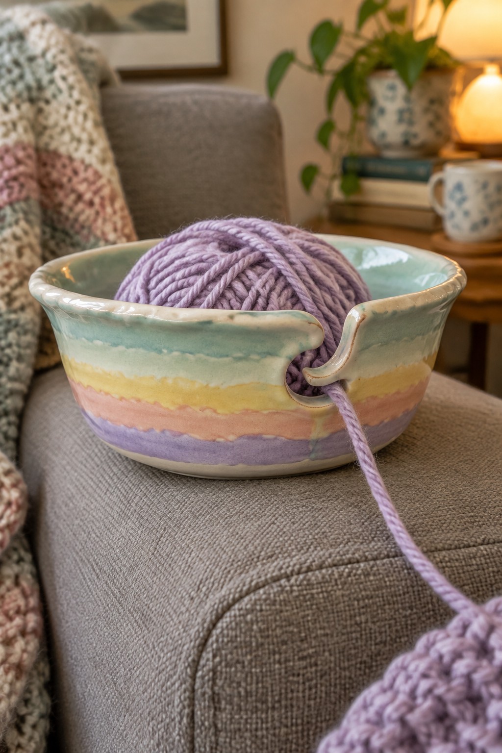 Rainbow-striped ceramic yarn bowl with purple yarn on gray couch beside knit blanket