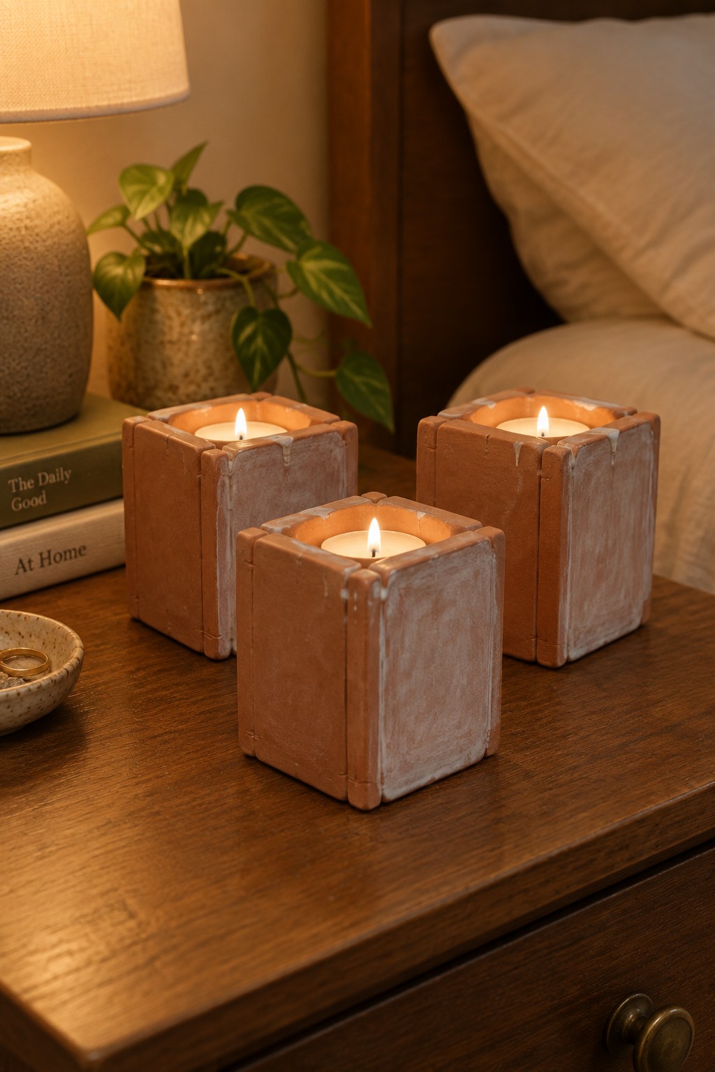 Three lit candles in terracotta cube holders on wooden bedside table