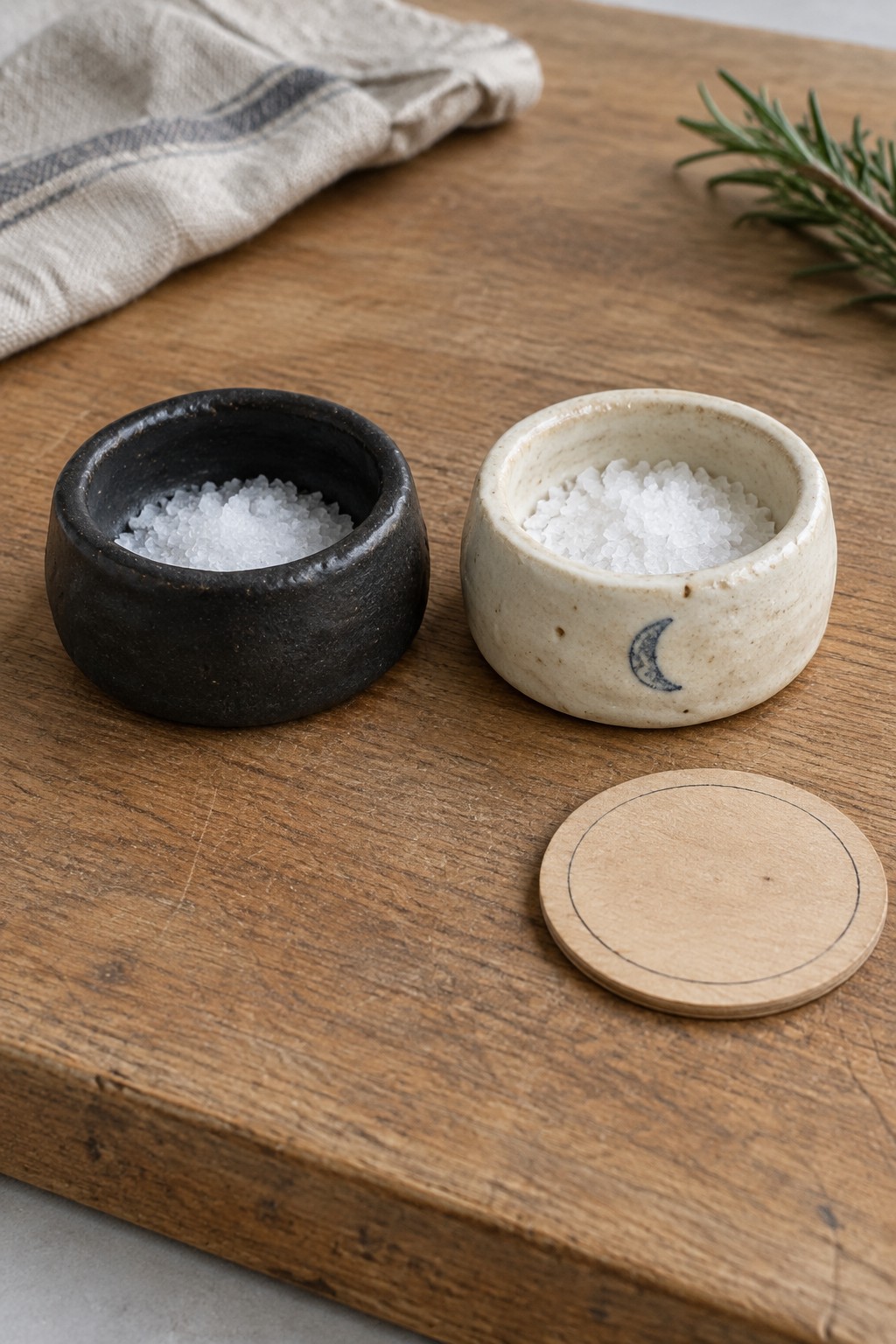 Two ceramic salt bowls, black and moon-decorated white, on wooden board with lid and rosemary
