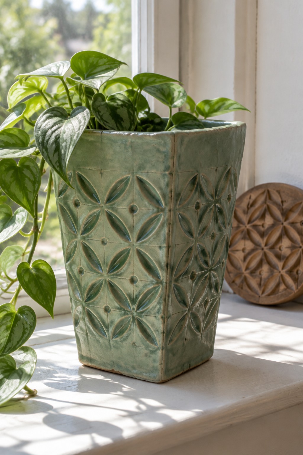 Variegated plant in green patterned ceramic pot on sunlit windowsill