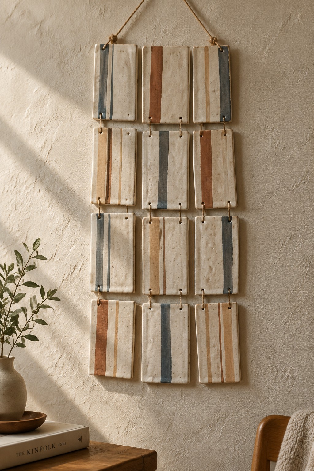 Striped ceramic tiles in earthy tones hang on a textured beige wall above a vase and book.
