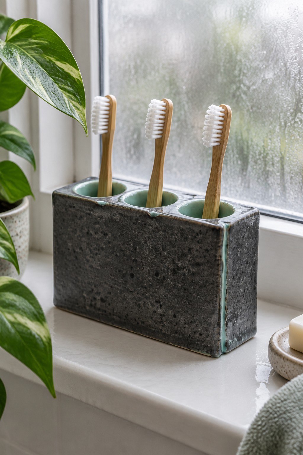Three bamboo toothbrushes in a dark speckled ceramic holder on a windowsill