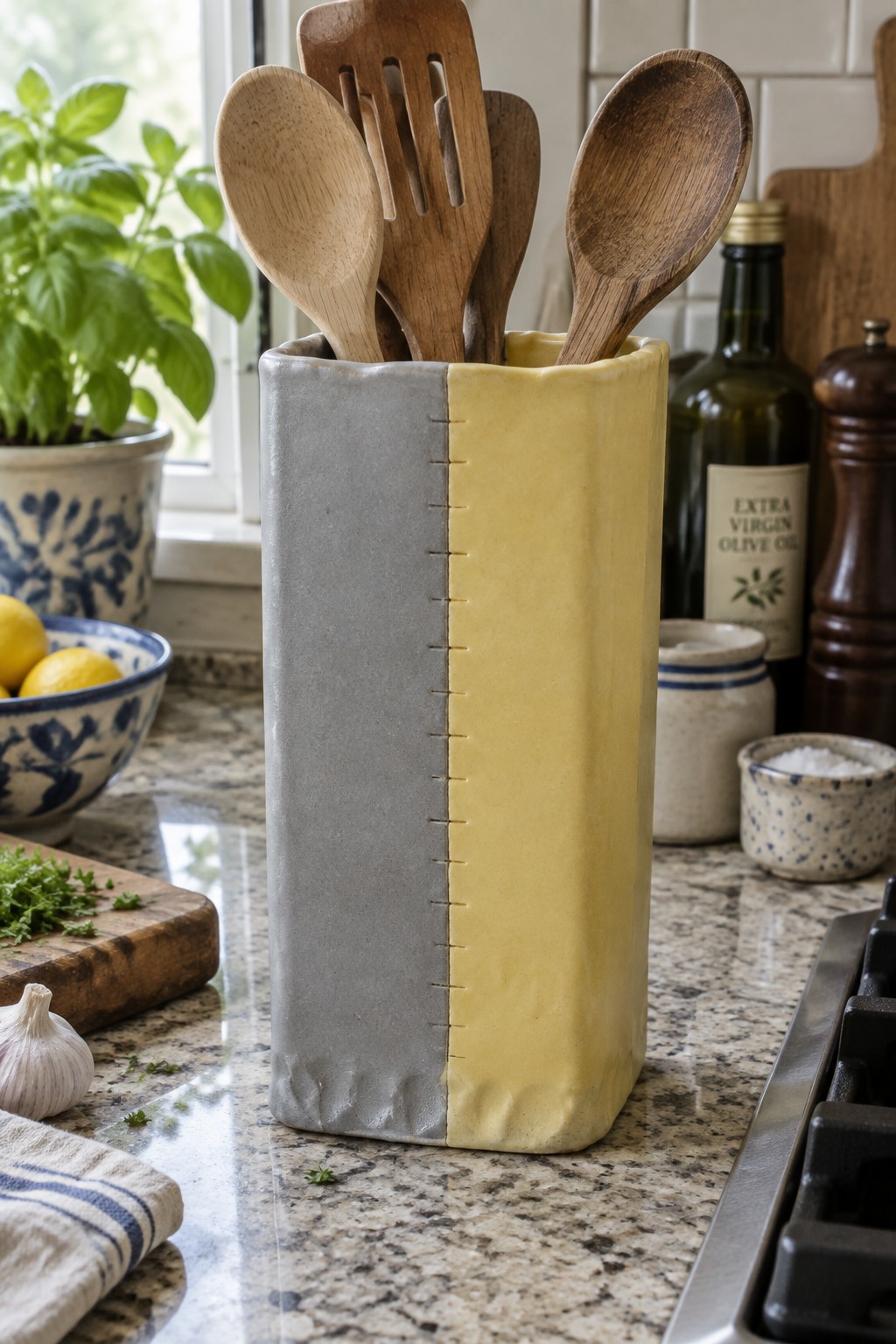 Gray and yellow ceramic utensil holder with wooden spoons on countertop