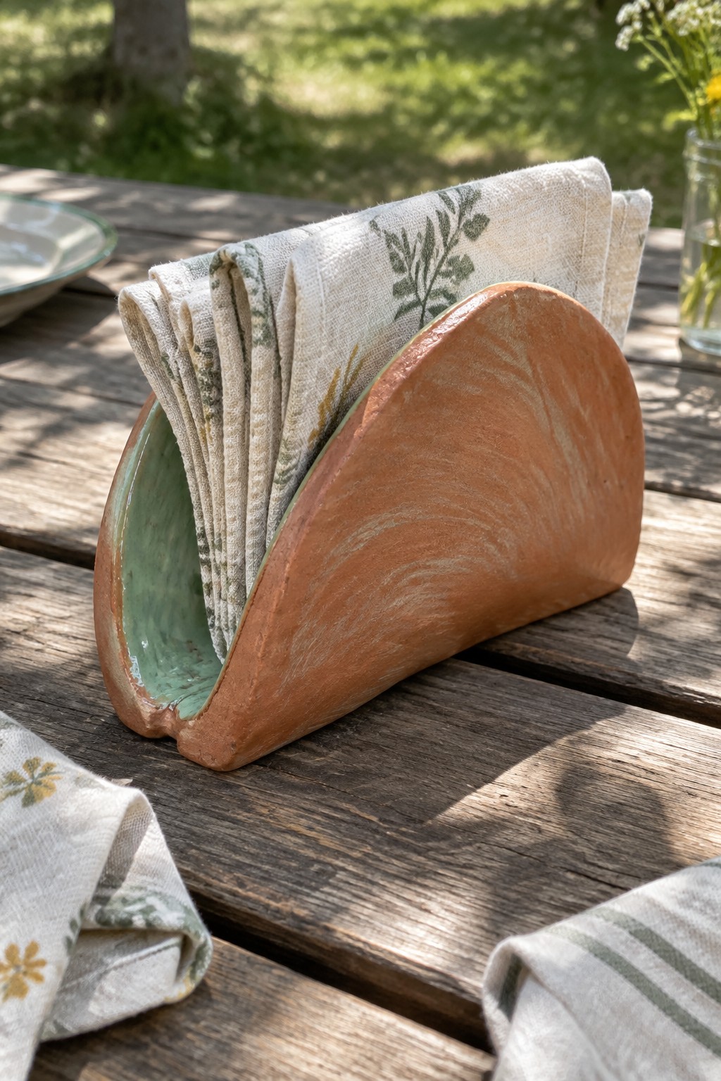 Terracotta ceramic napkin holder with green interior holding botanical napkins on wooden table