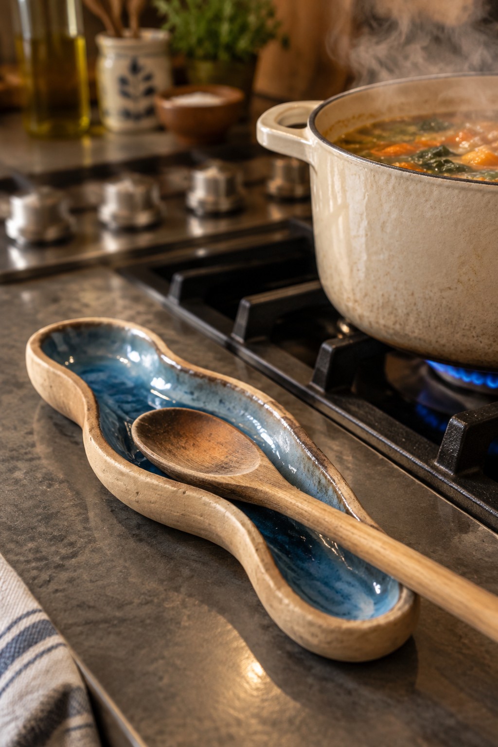 Wooden spoon in blue ceramic rest beside steaming soup pot on gas stove