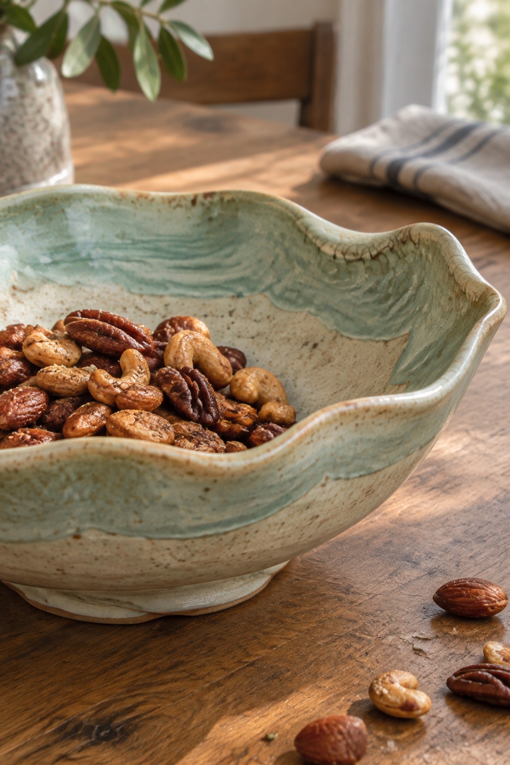 Green ceramic bowl of mixed nuts with scattered almonds on wooden table