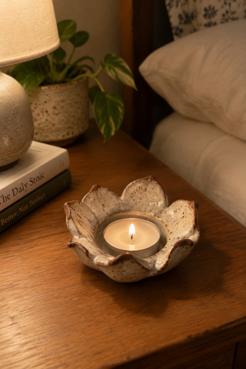 Lit candle in speckled ceramic flower holder on wooden nightstand with books and plant