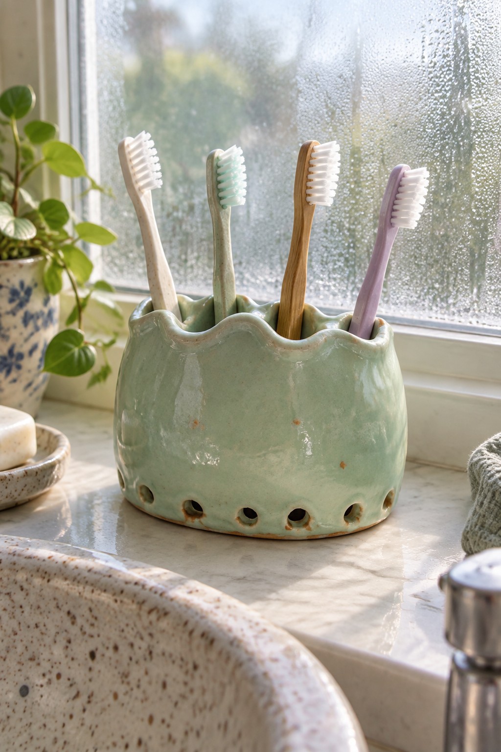 Green ceramic holder with four toothbrushes on marble bathroom windowsill