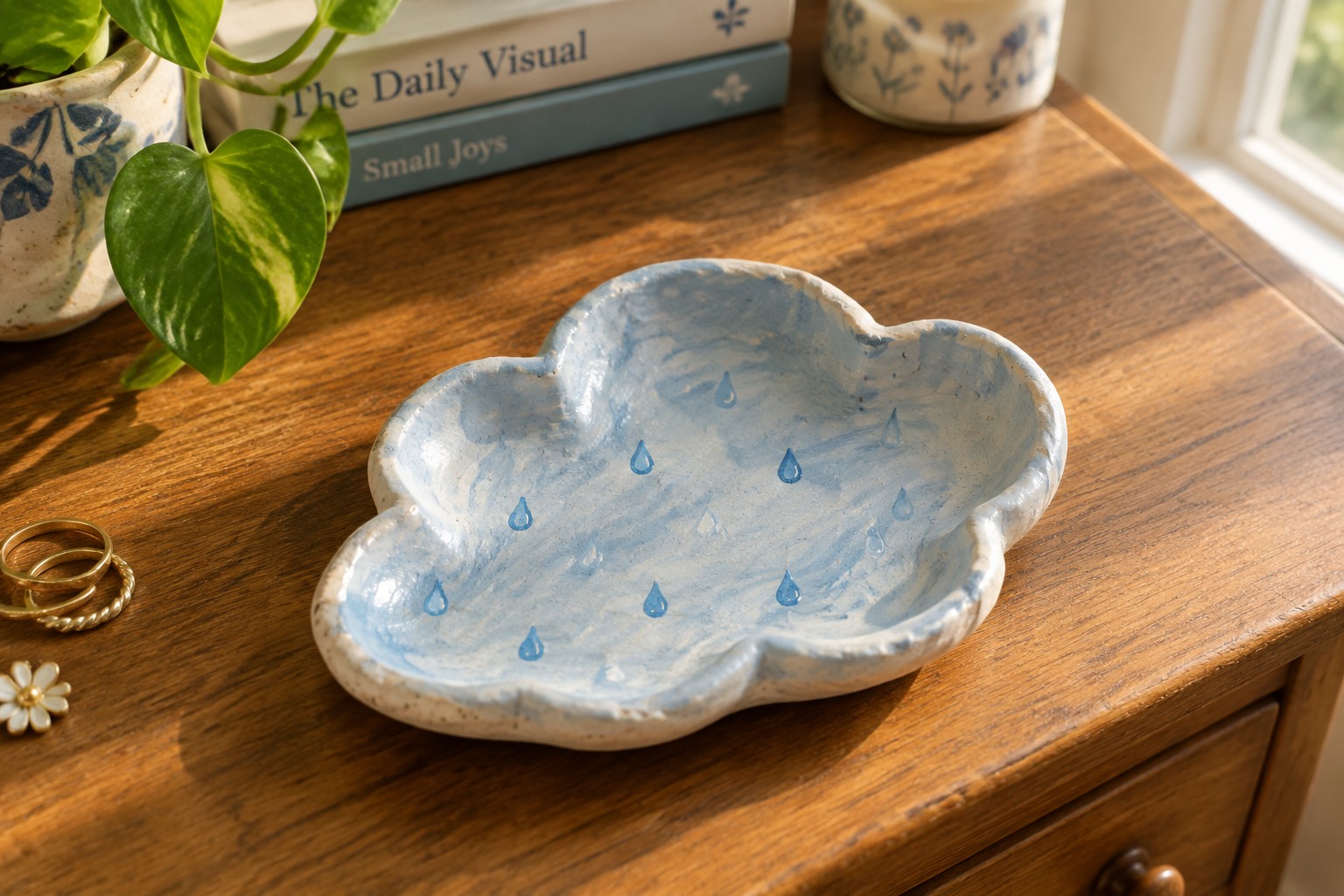 Blue cloud-shaped ceramic bowl with raindrops on sunlit wooden table.