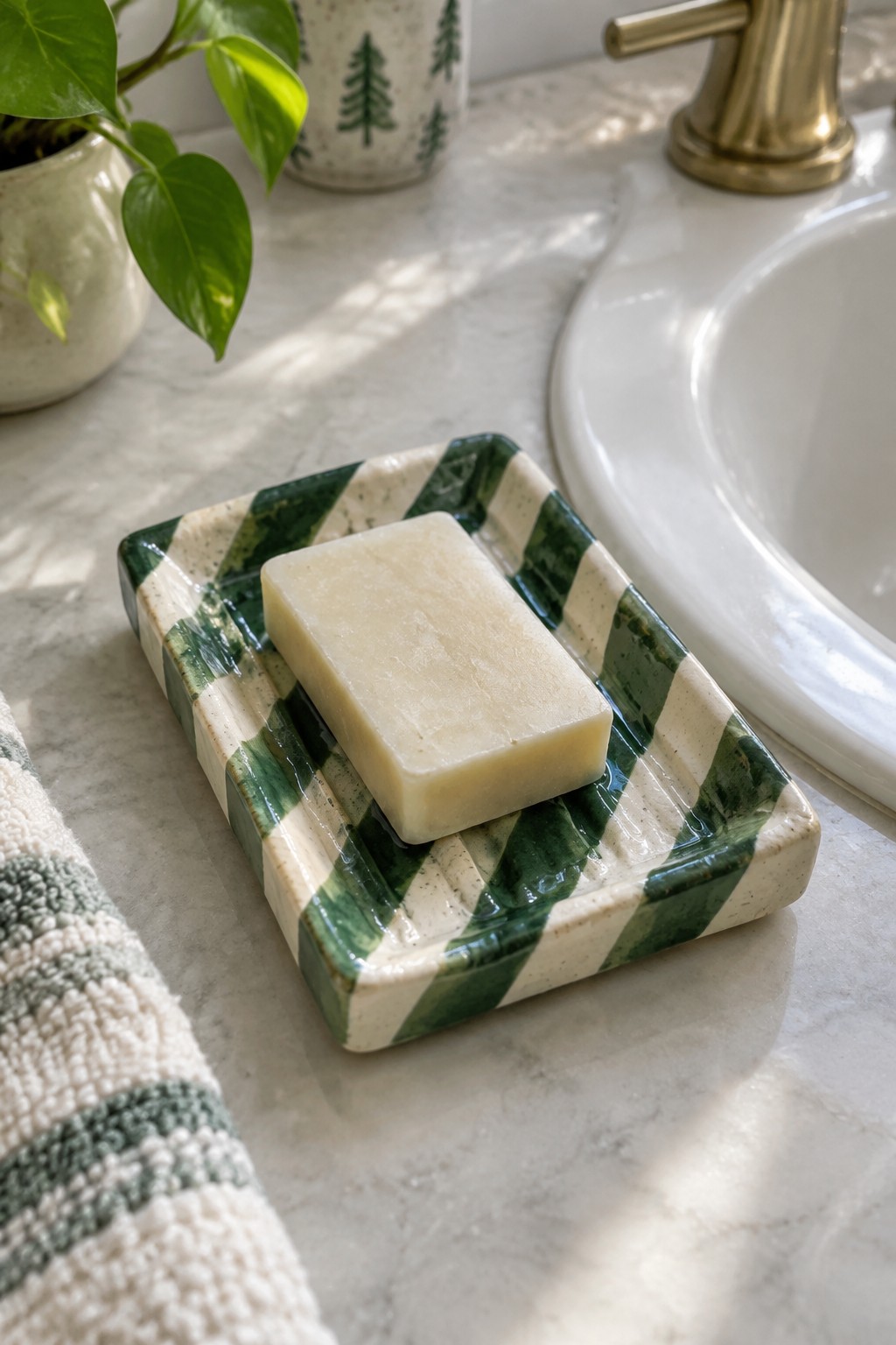 Bar of soap on green striped ceramic dish atop marble bathroom counter