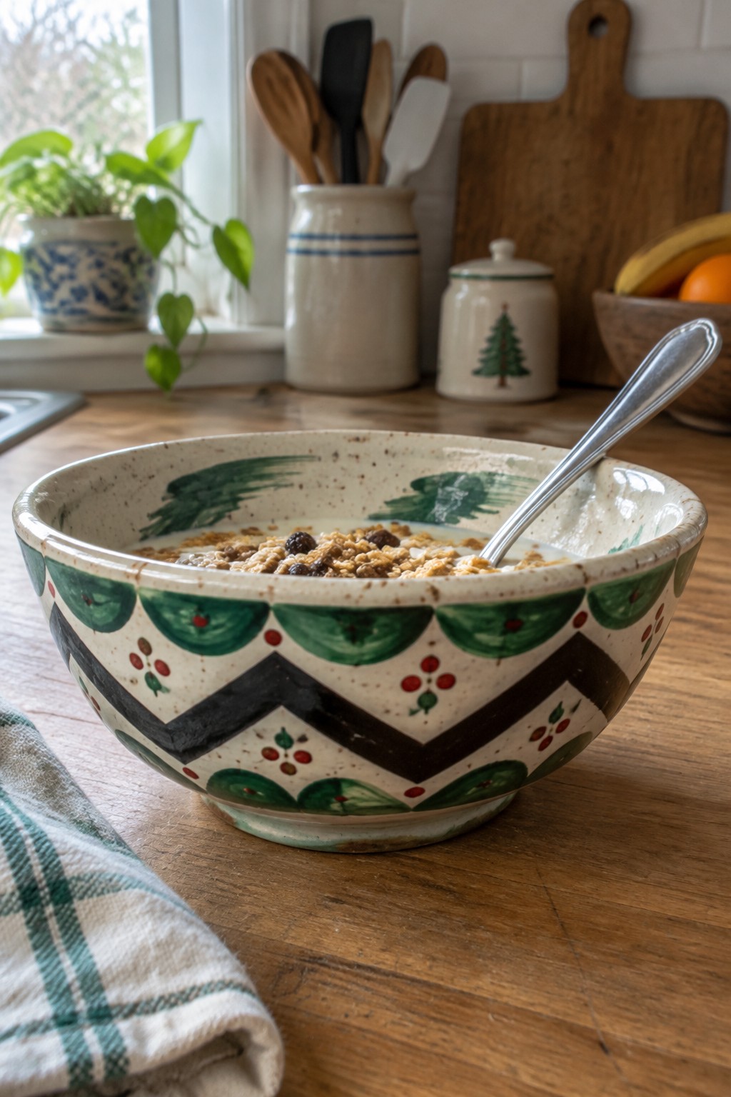 Decorative ceramic bowl of cereal with spoon on wooden kitchen counter beside checkered cloth