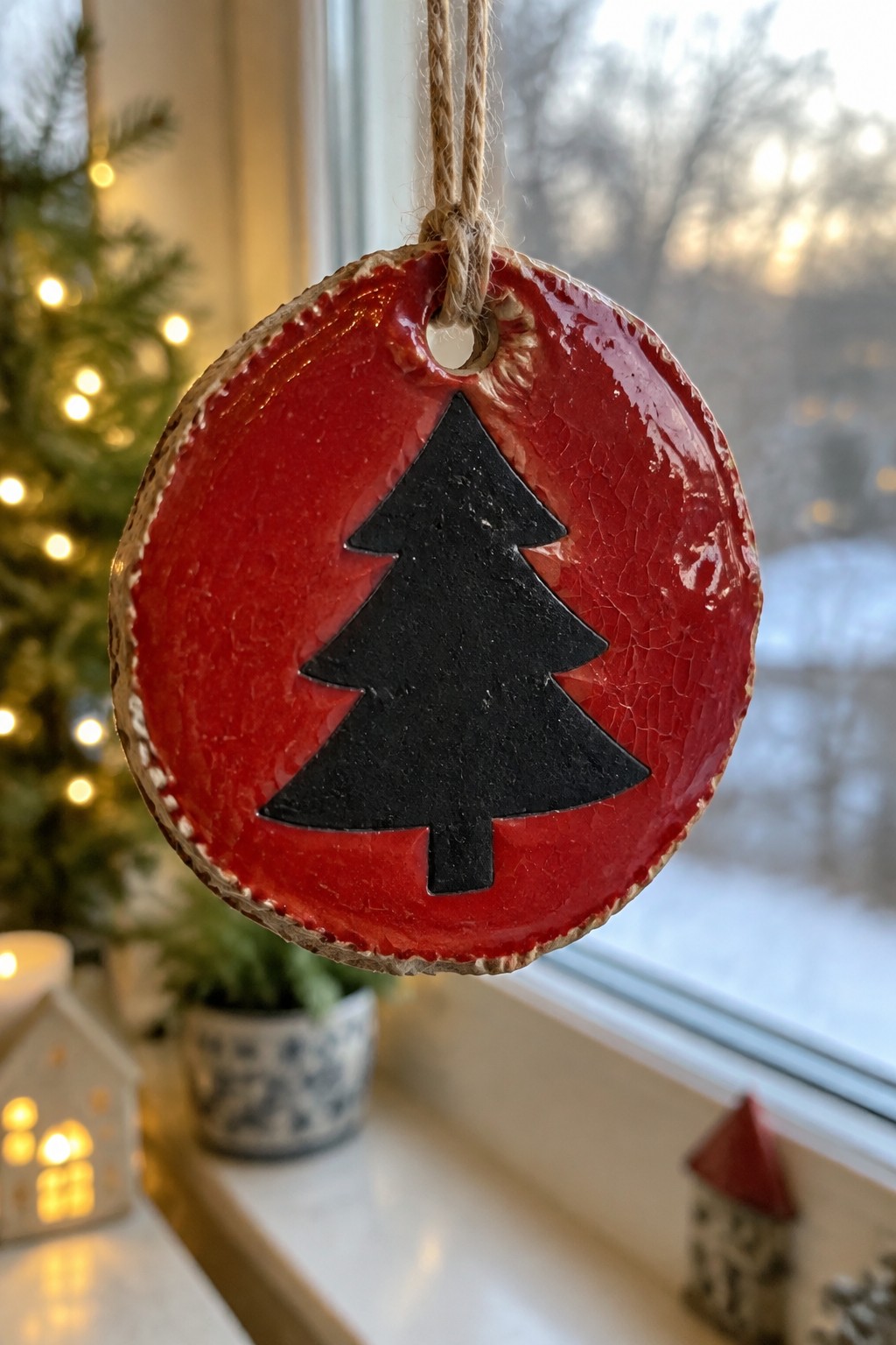 Red crackled-glaze ornament with black tree hanging by twine near window