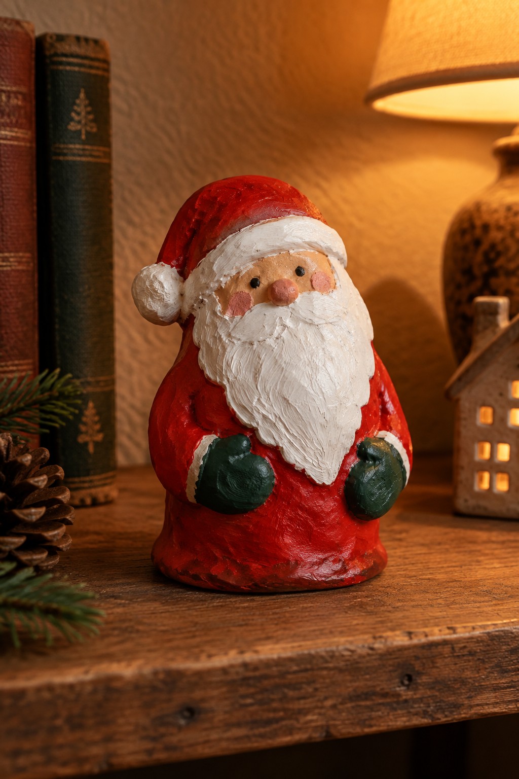 Rustic hand-painted Santa figurine in red suit with white beard on wooden table