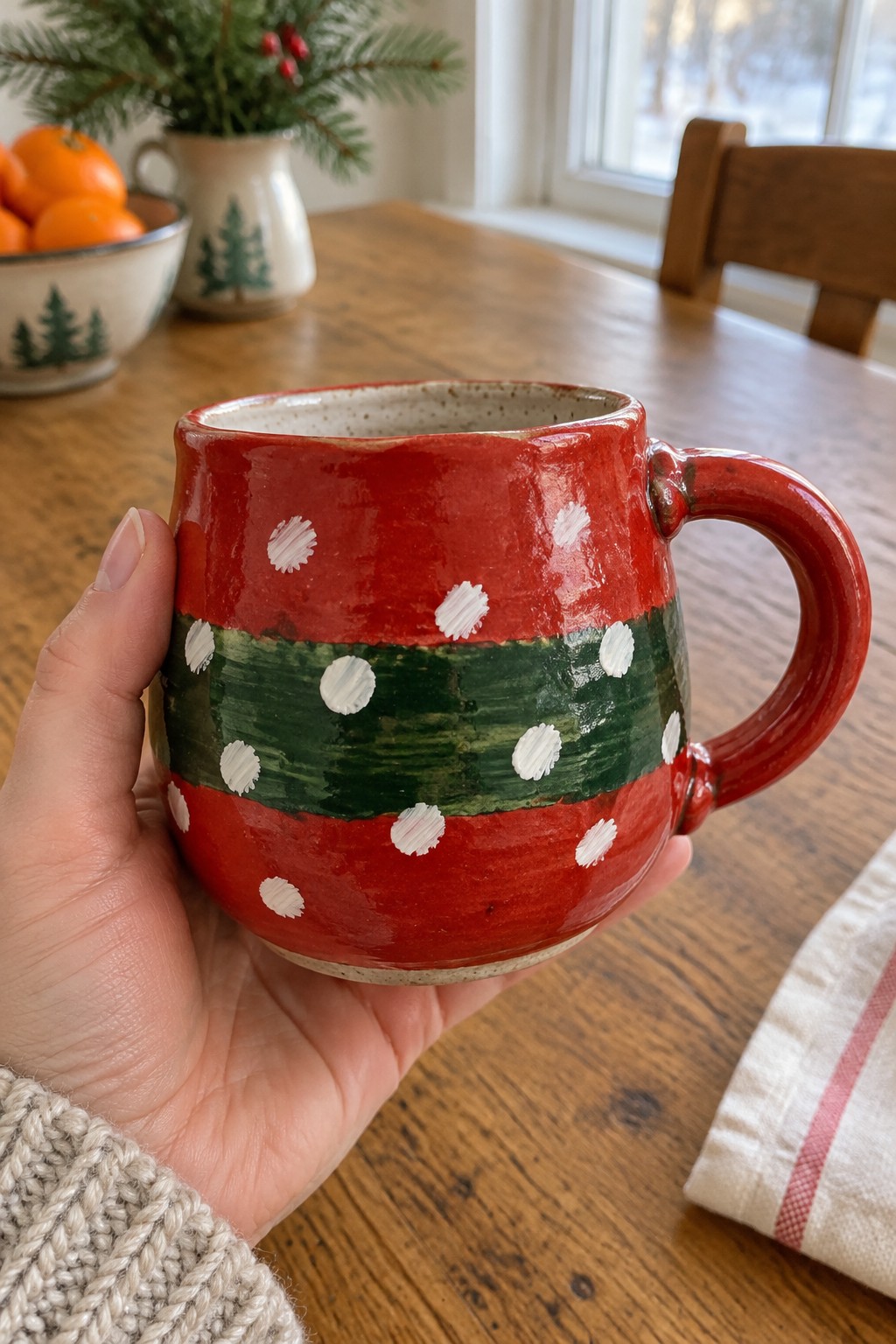 Hand in knit sweater holding red-green polka dot ceramic mug on wooden table