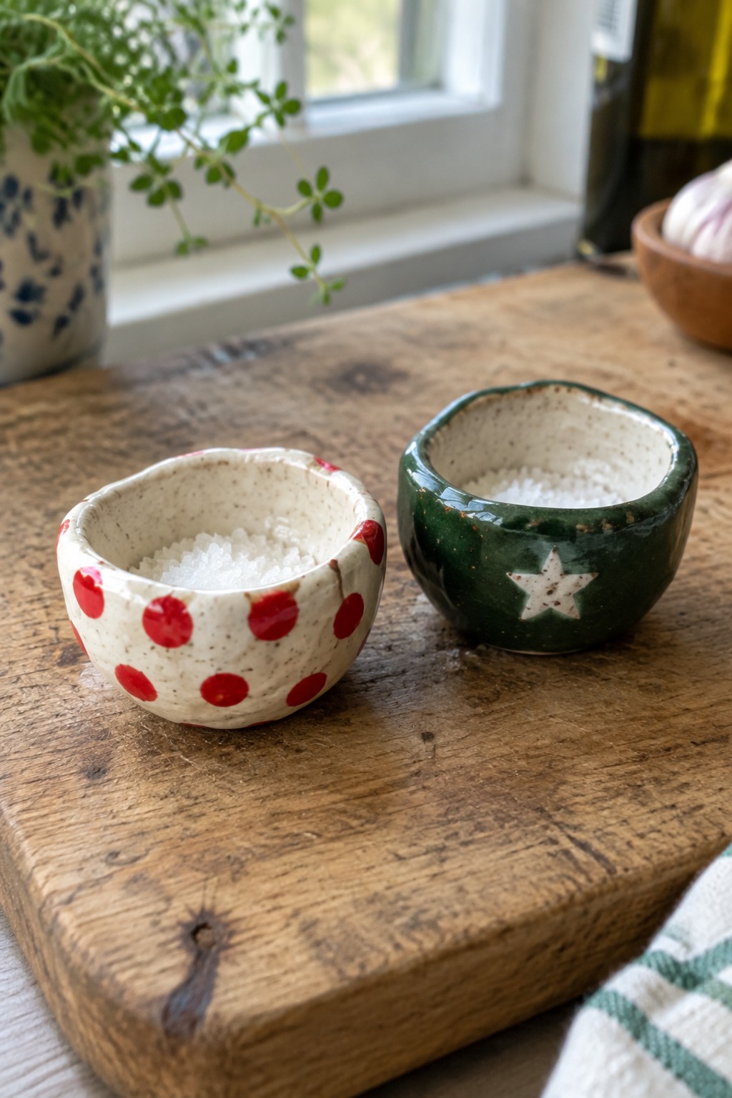 Two ceramic salt bowls, red polka dots and green star, on wooden board.