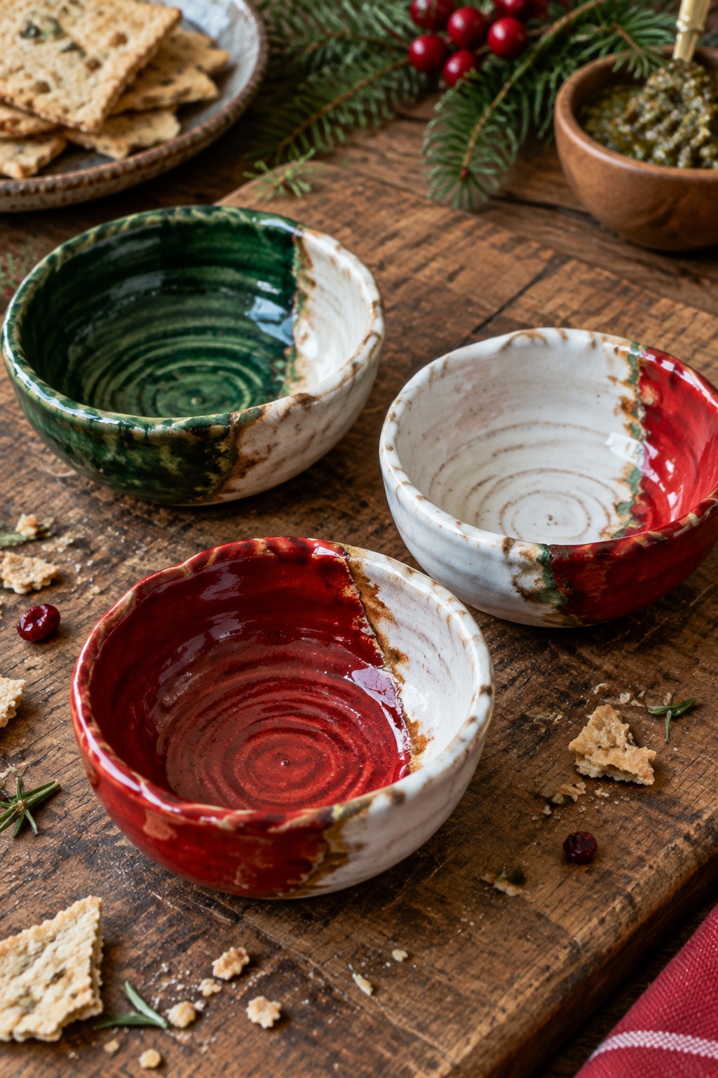 Red and green ceramic bowls on wood with crackers, cranberries, and pine branches