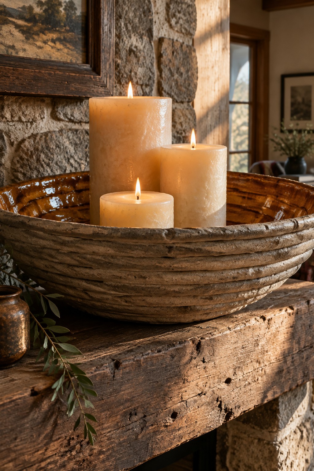 Three lit candles in a rustic bowl on a wooden mantel by stone wall