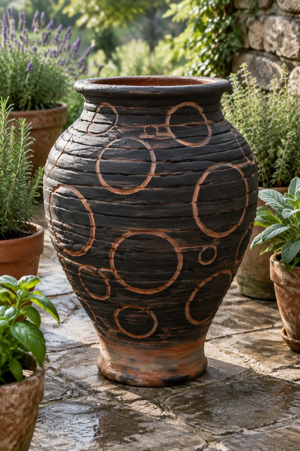 Large dark terracotta vase with carved circles on stone patio amid potted herbs