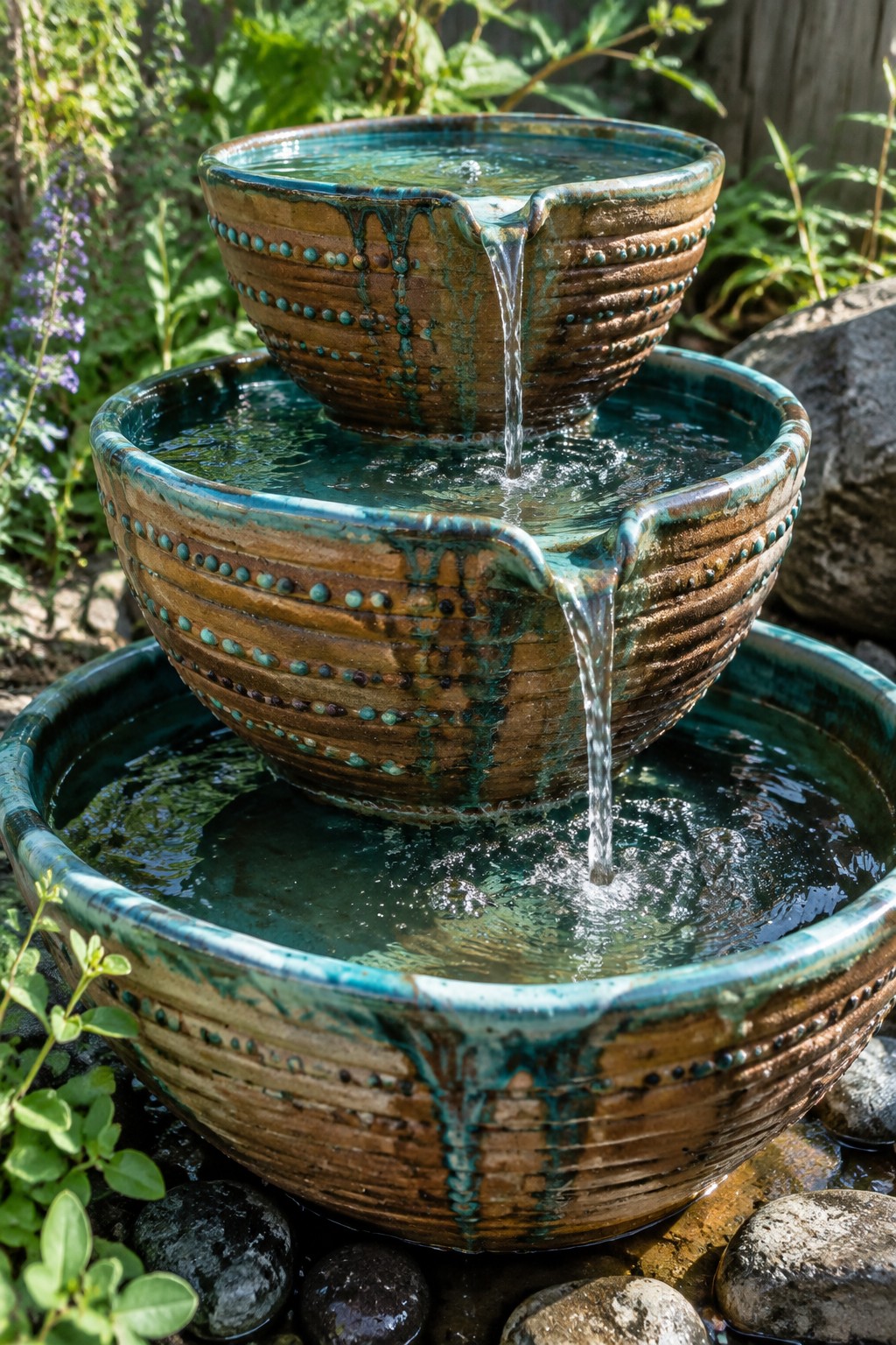 Three stacked ceramic bowls with spouts form a garden fountain where water flows from the top bowl into the middle bowl and then into the large bottom basin.
