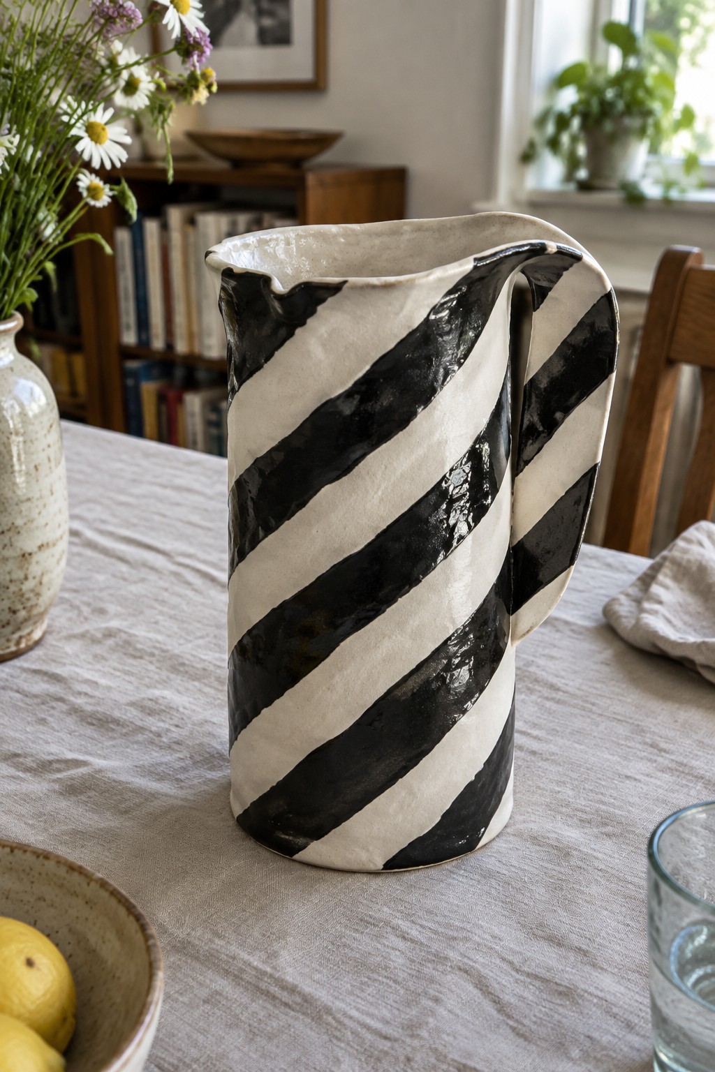 Black and white striped ceramic pitcher on linen table with lemons and flowers
