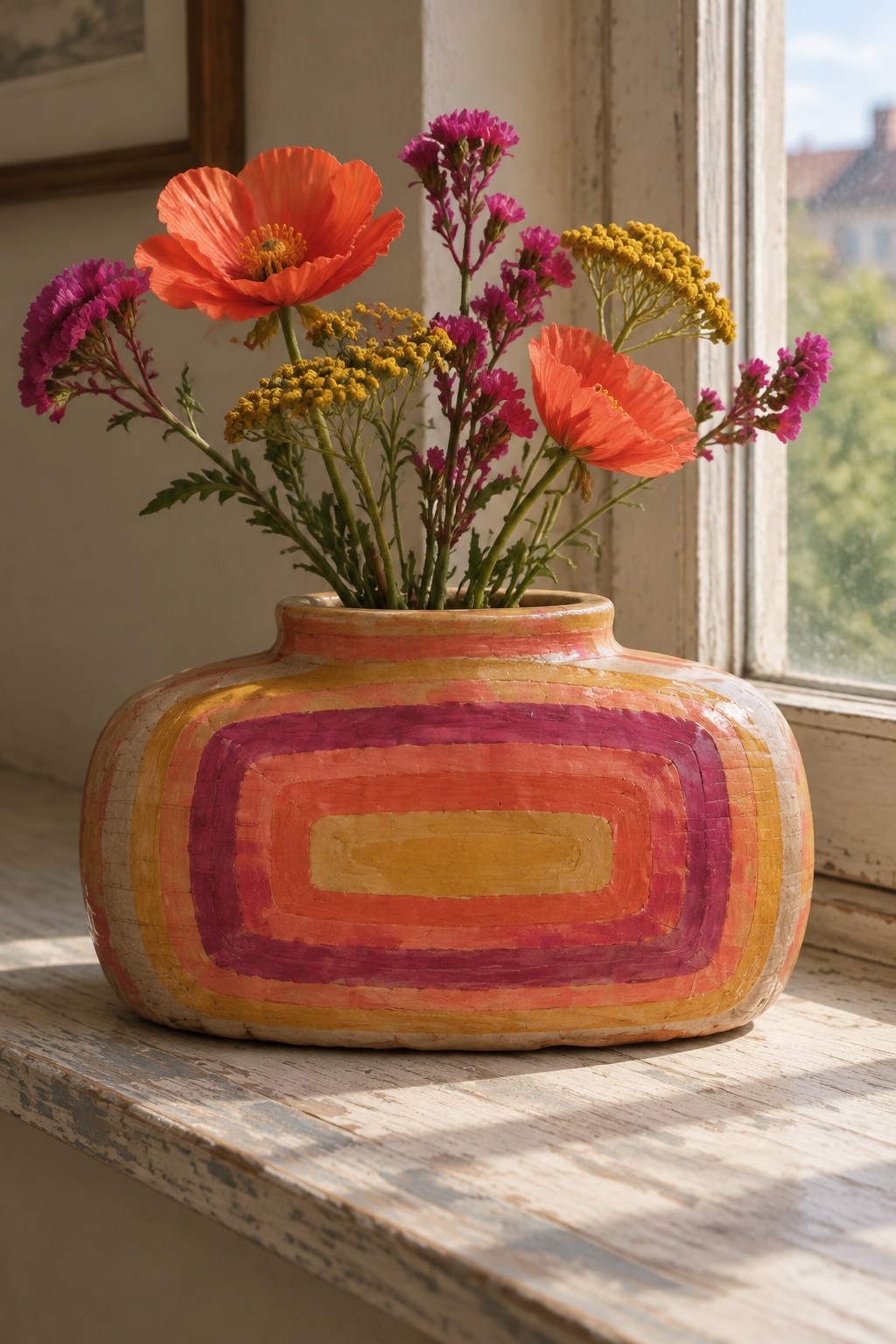 Striped ceramic vase with red poppies, magenta blooms, and yellow flowers on windowsill