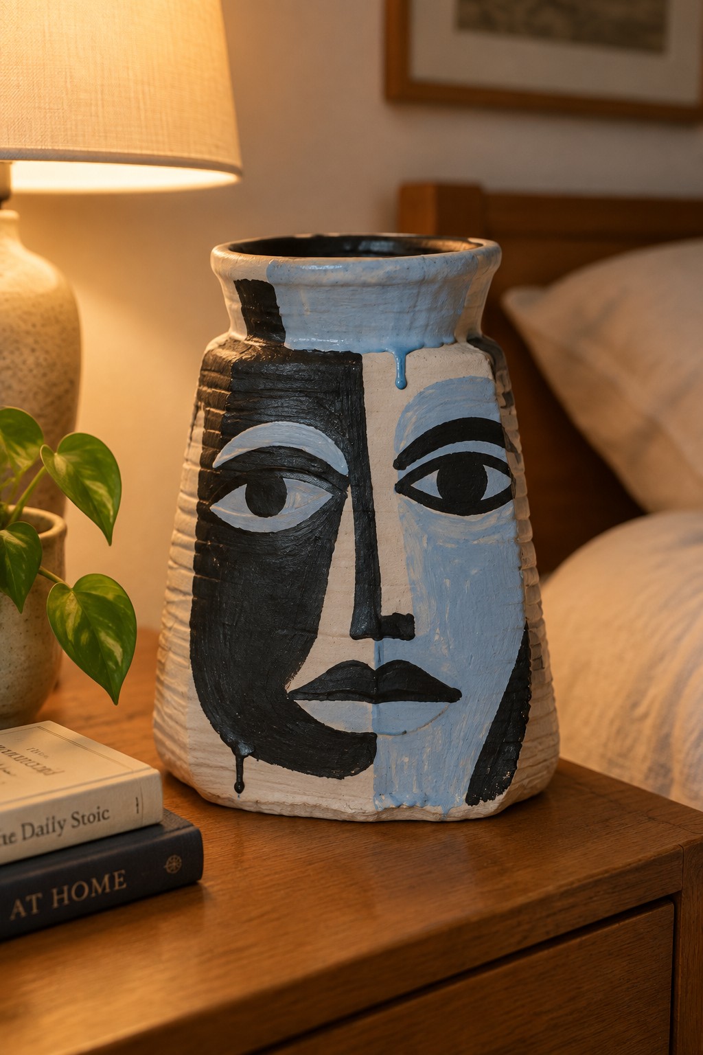 Ceramic vase with split black and blue abstract face on wooden nightstand beside books and lamp